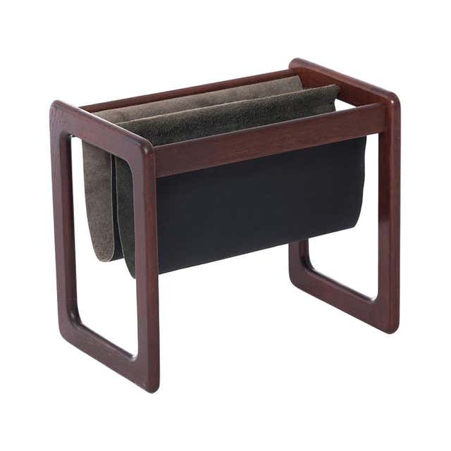 1970s Danish Modern Magazine Rack with Leather Sling at 1stDibs