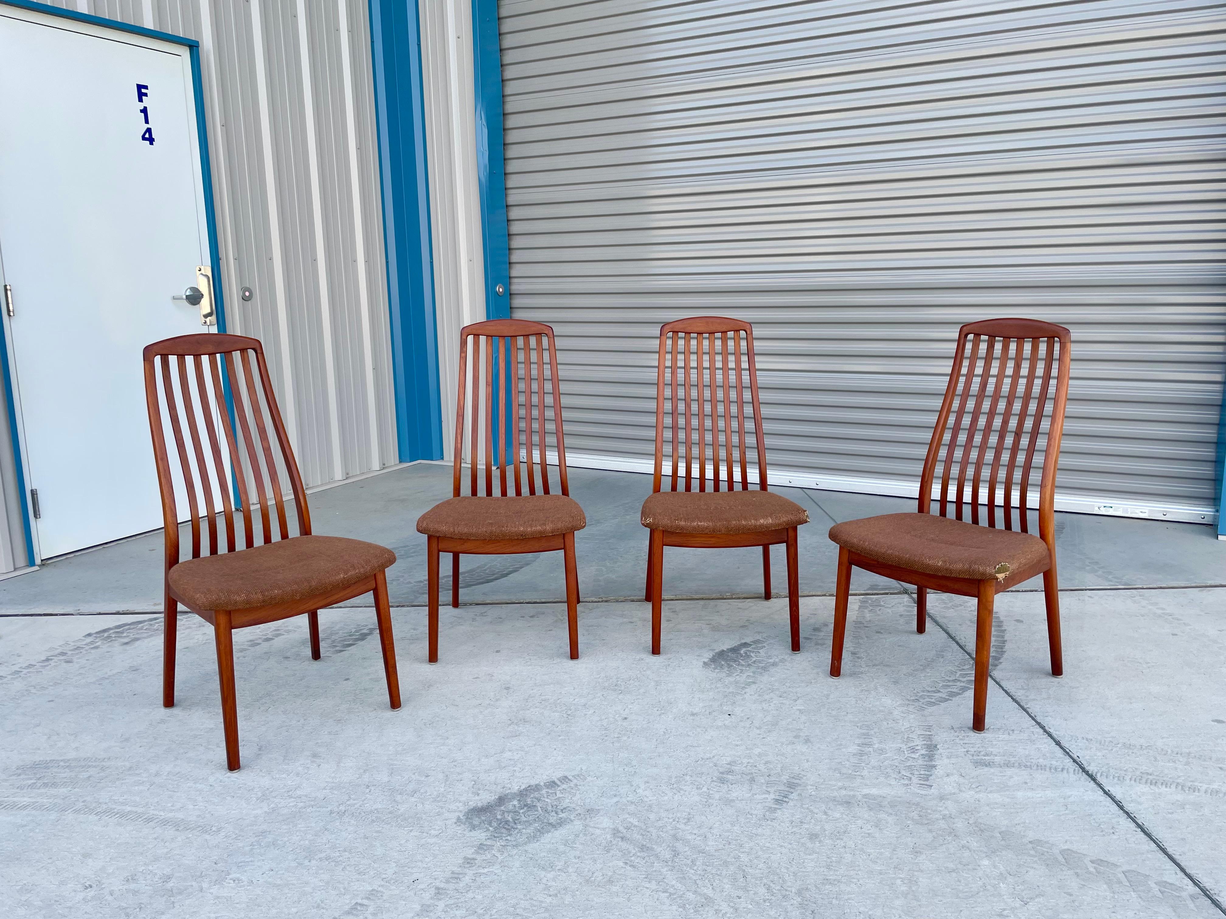 Danish modern teak dining chairs designed and manufactured by Preben-Schou in Denmark circa 1970s. These gorgeous dining chairs feature a teak frame giving them a refined and elegant look. The chair backrest is also one of the main features of its