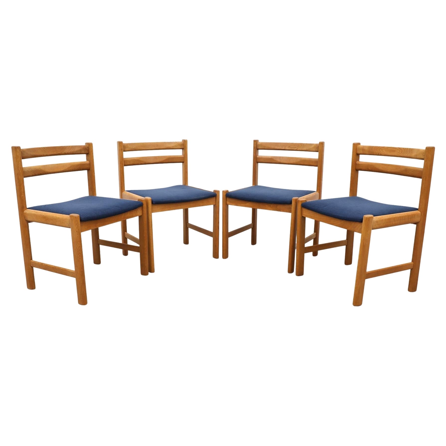 1970s Danish Oak Dining Chairs with Blue Upholstery, Set of Four For Sale