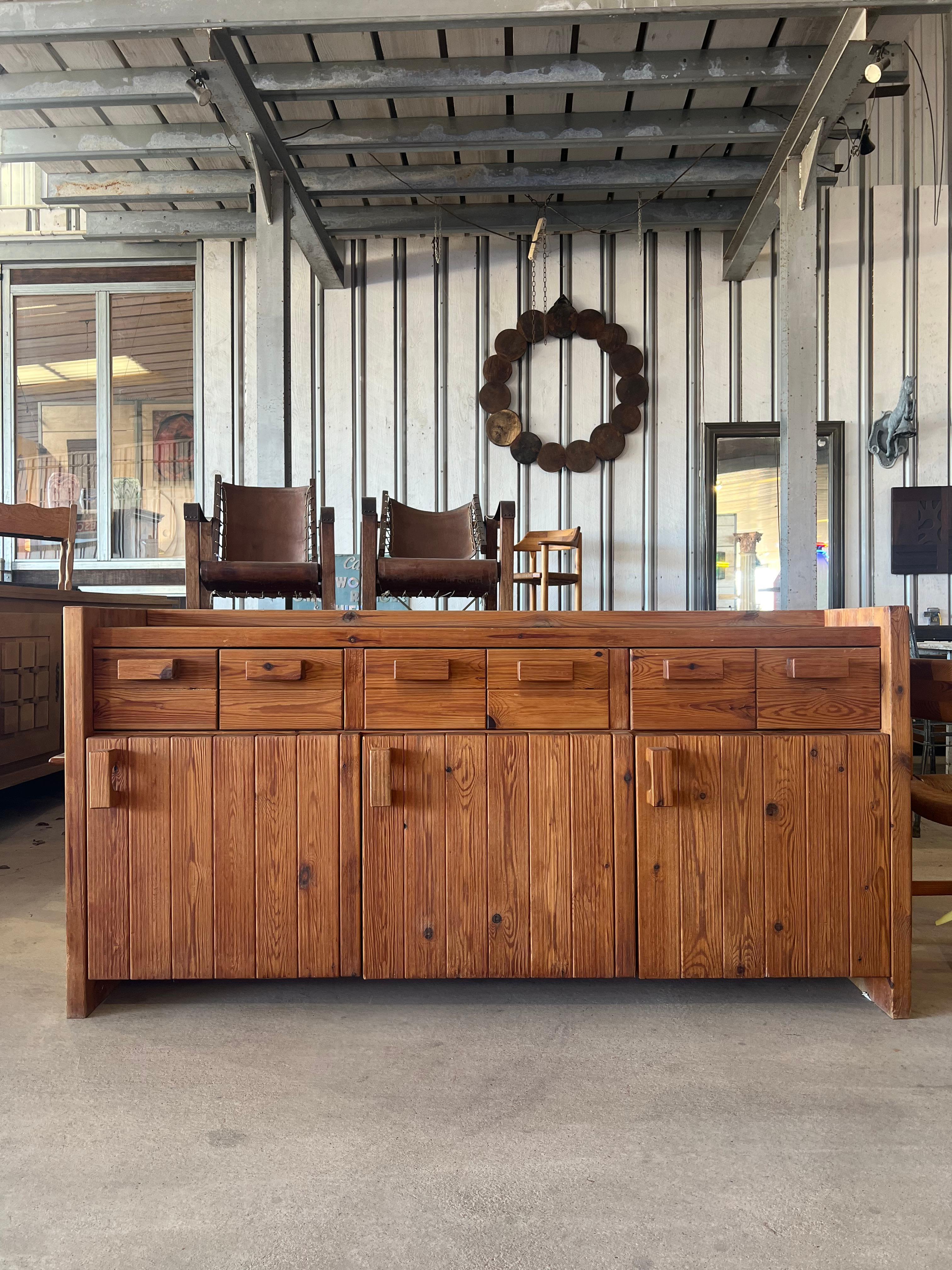 1970’s Danish designed pine sideboard with all wood hardware. Original finish. Made in Denmark 