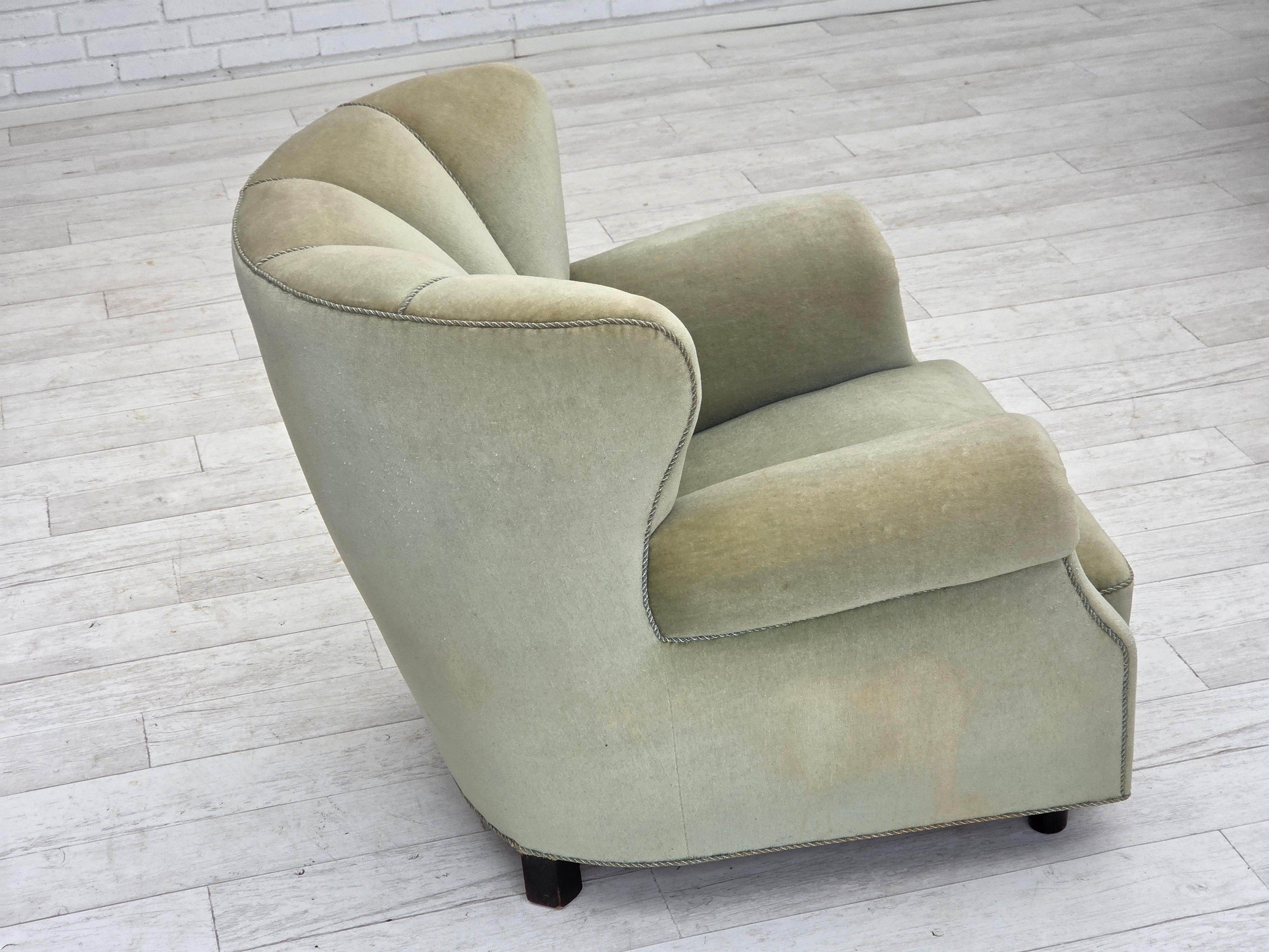 1970s, Danish relax armchair, light green furniture velour, original condition. For Sale 4