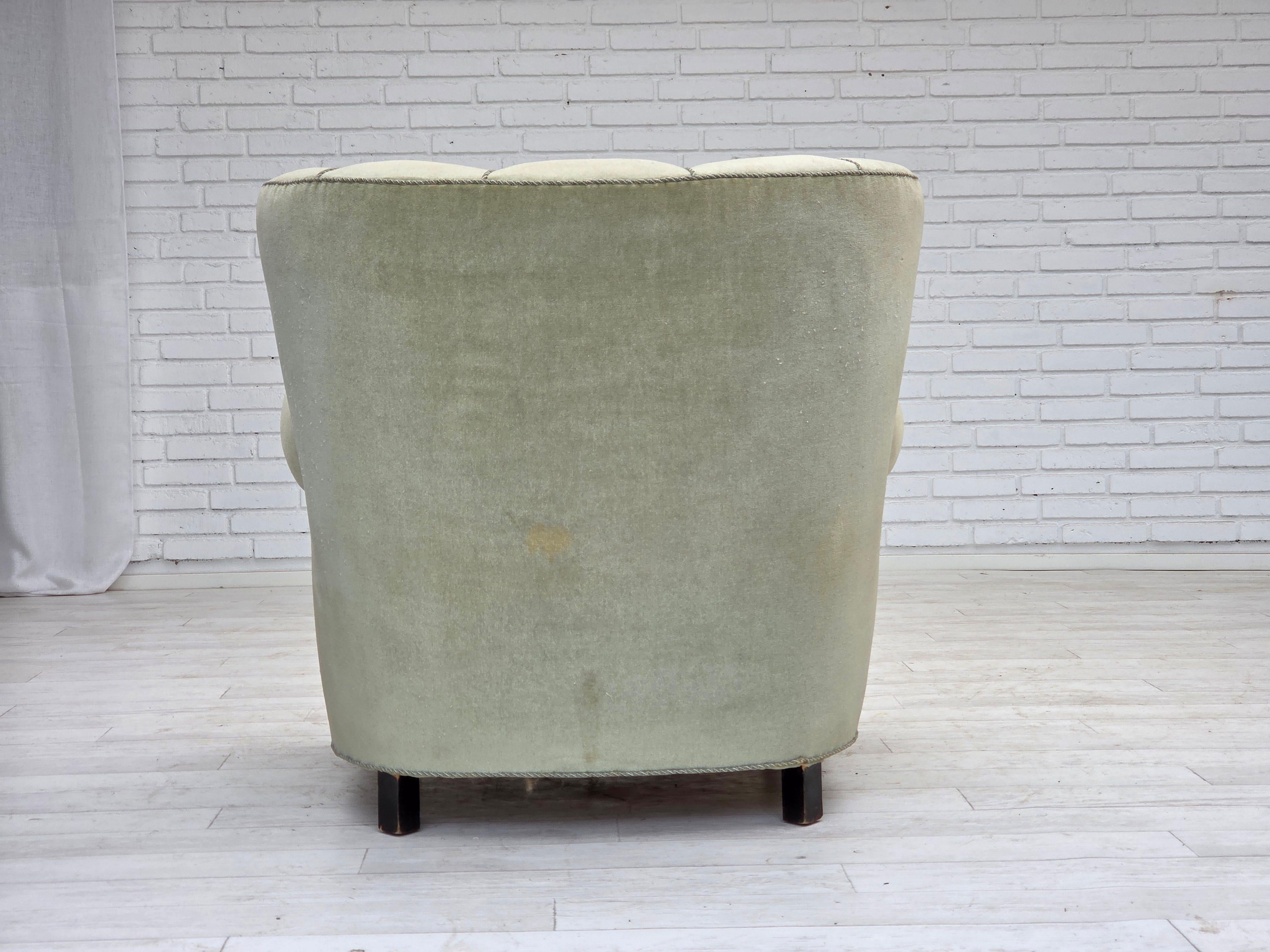 1970s, Danish relax armchair, light green furniture velour, original condition. For Sale 5