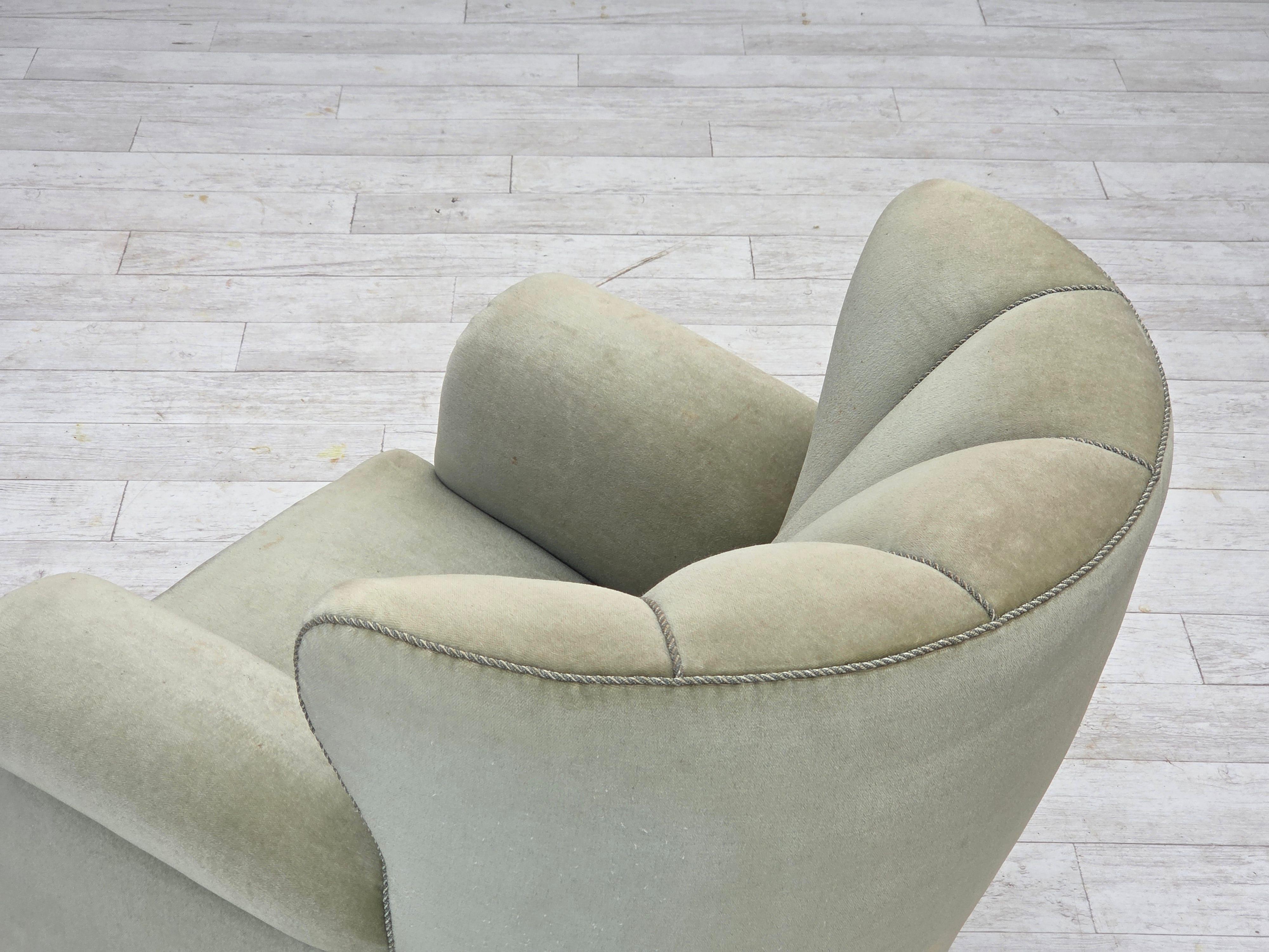 1970s, Danish relax armchair, light green furniture velour, original condition. For Sale 7