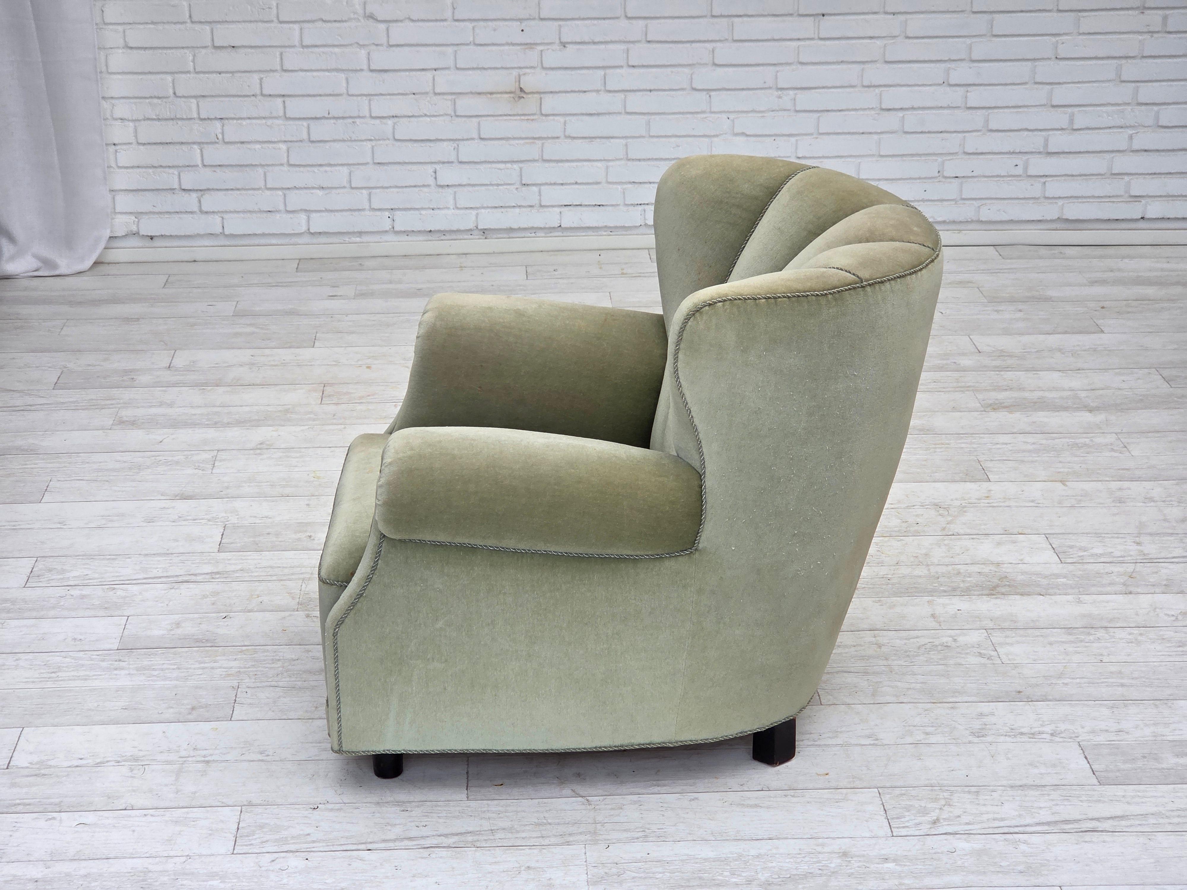 1970s, Danish relax armchair, light green furniture velour, original condition. For Sale 8