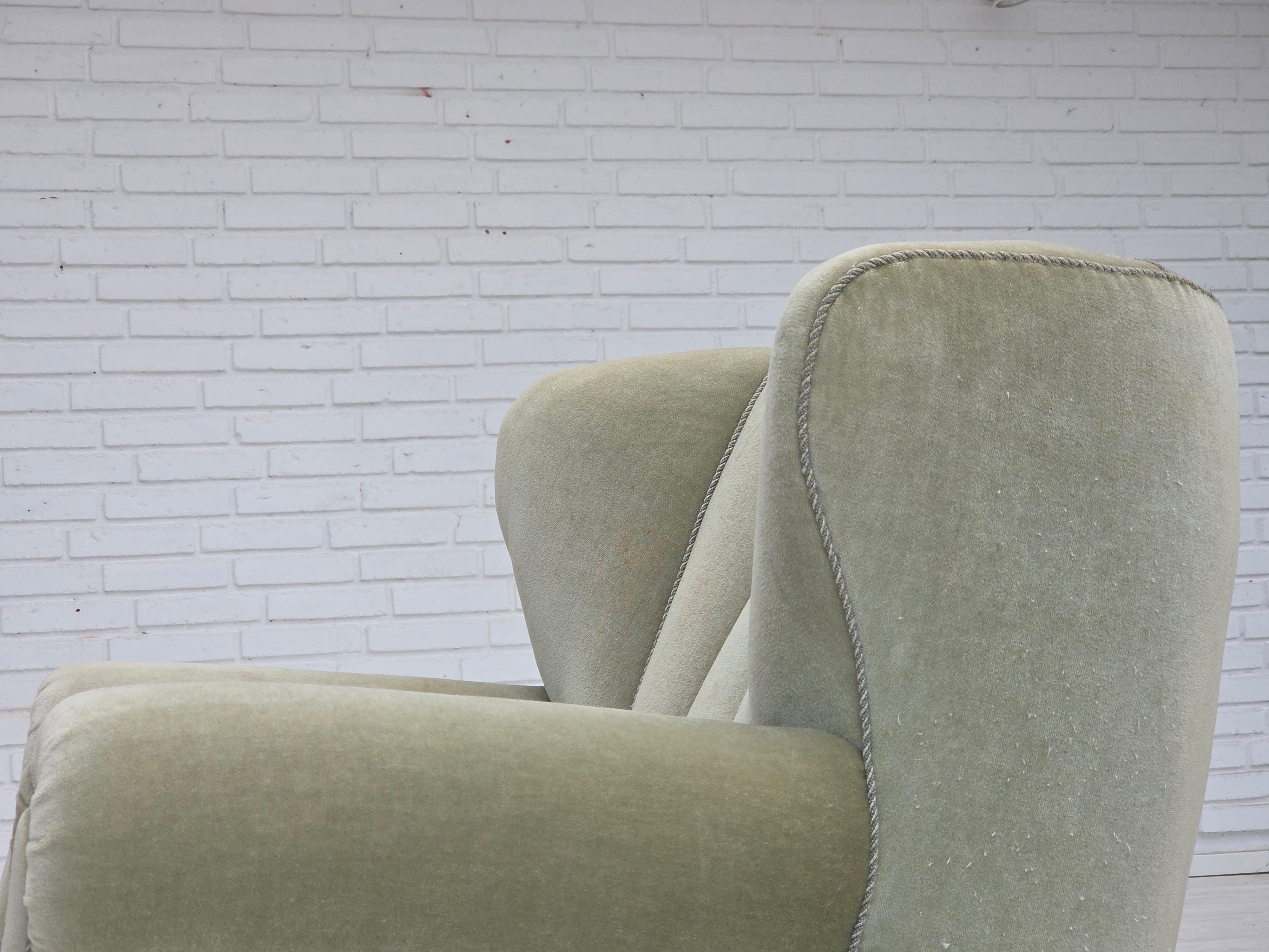 1970s, Danish relax armchair, light green furniture velour, original condition. For Sale 9