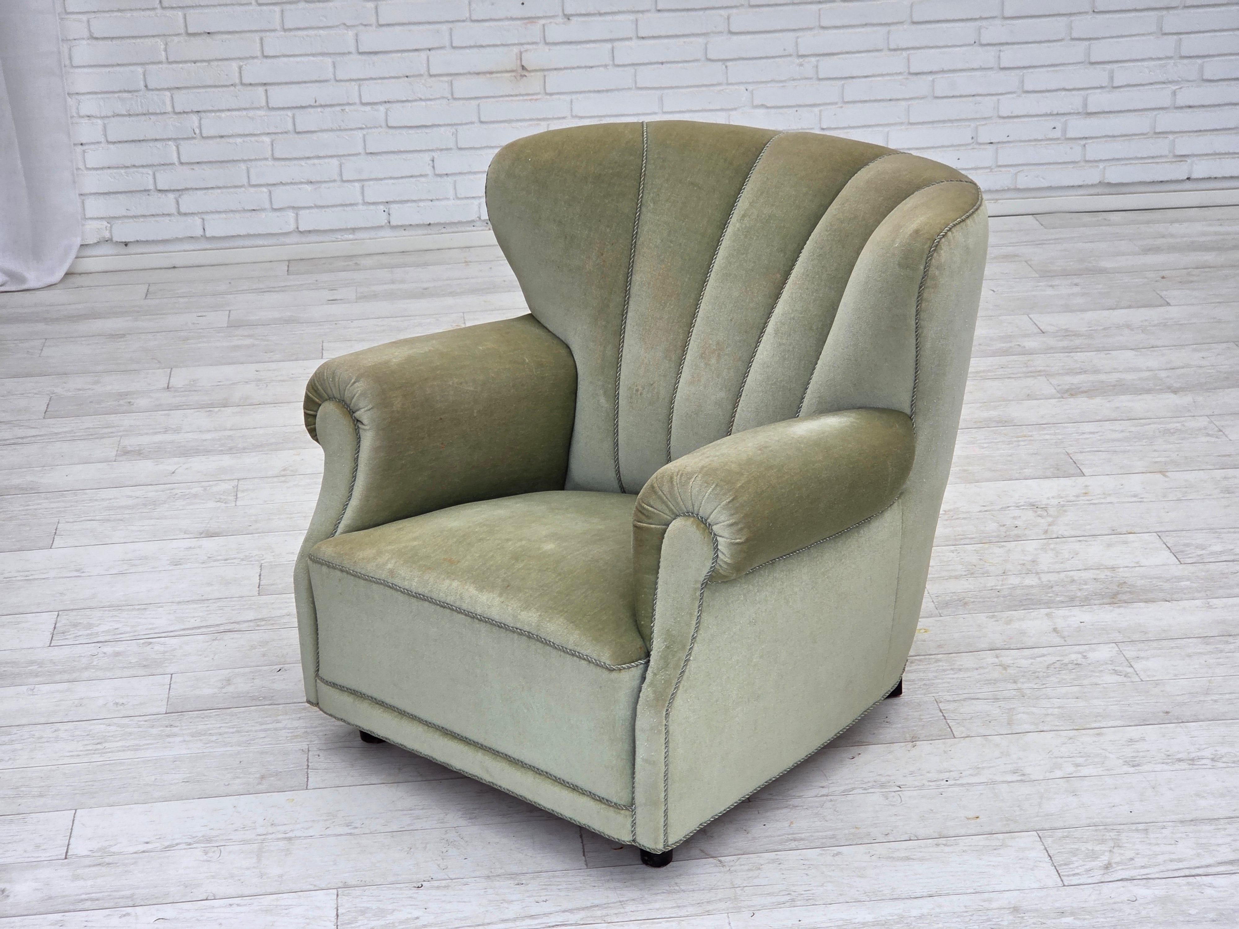 1970s, Danish relax armchair, light green furniture velour, original condition. For Sale 10