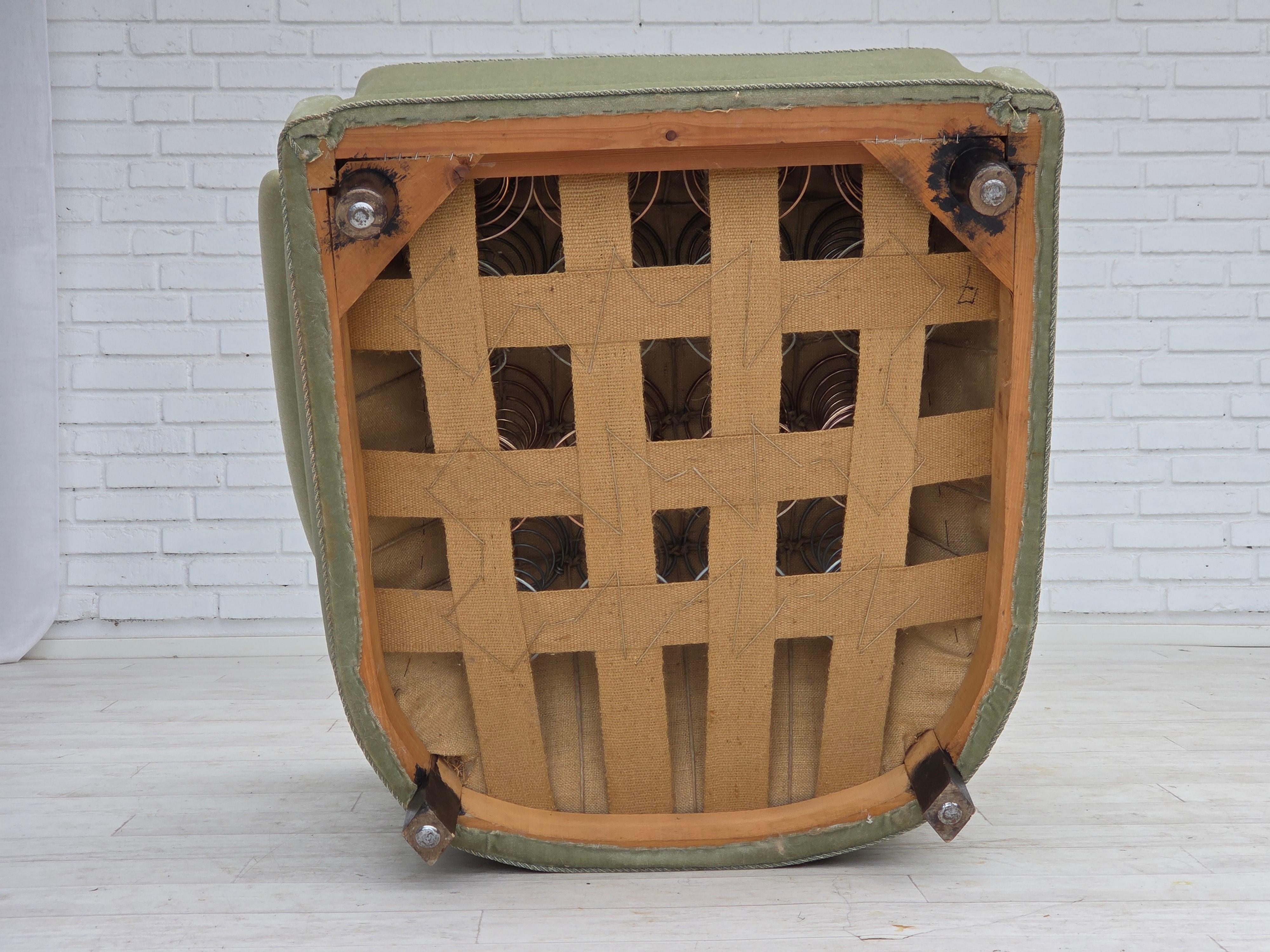 1970s, Danish relax armchair, light green furniture velour, original condition. For Sale 11