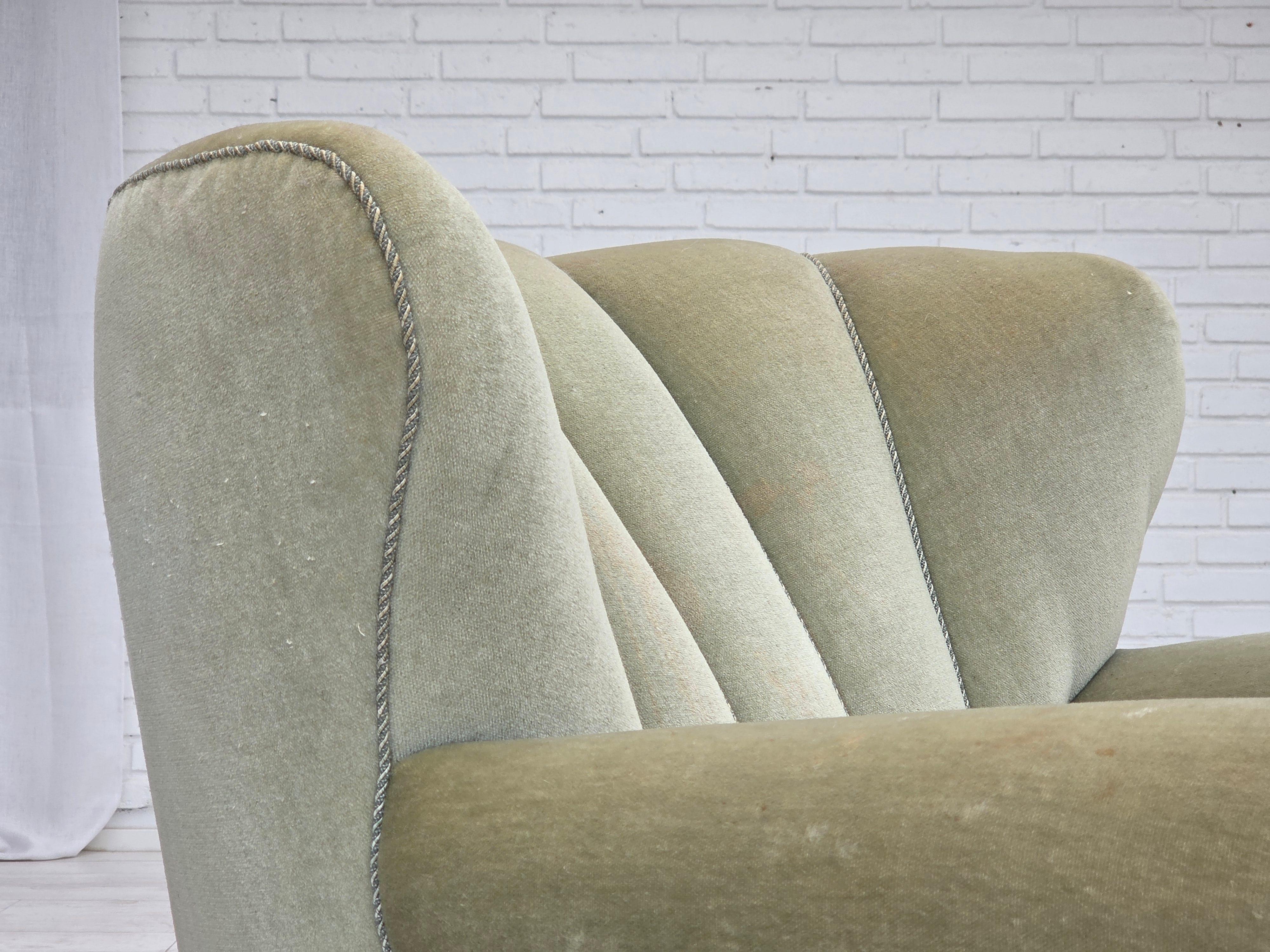 Velvet 1970s, Danish relax armchair, light green furniture velour, original condition. For Sale