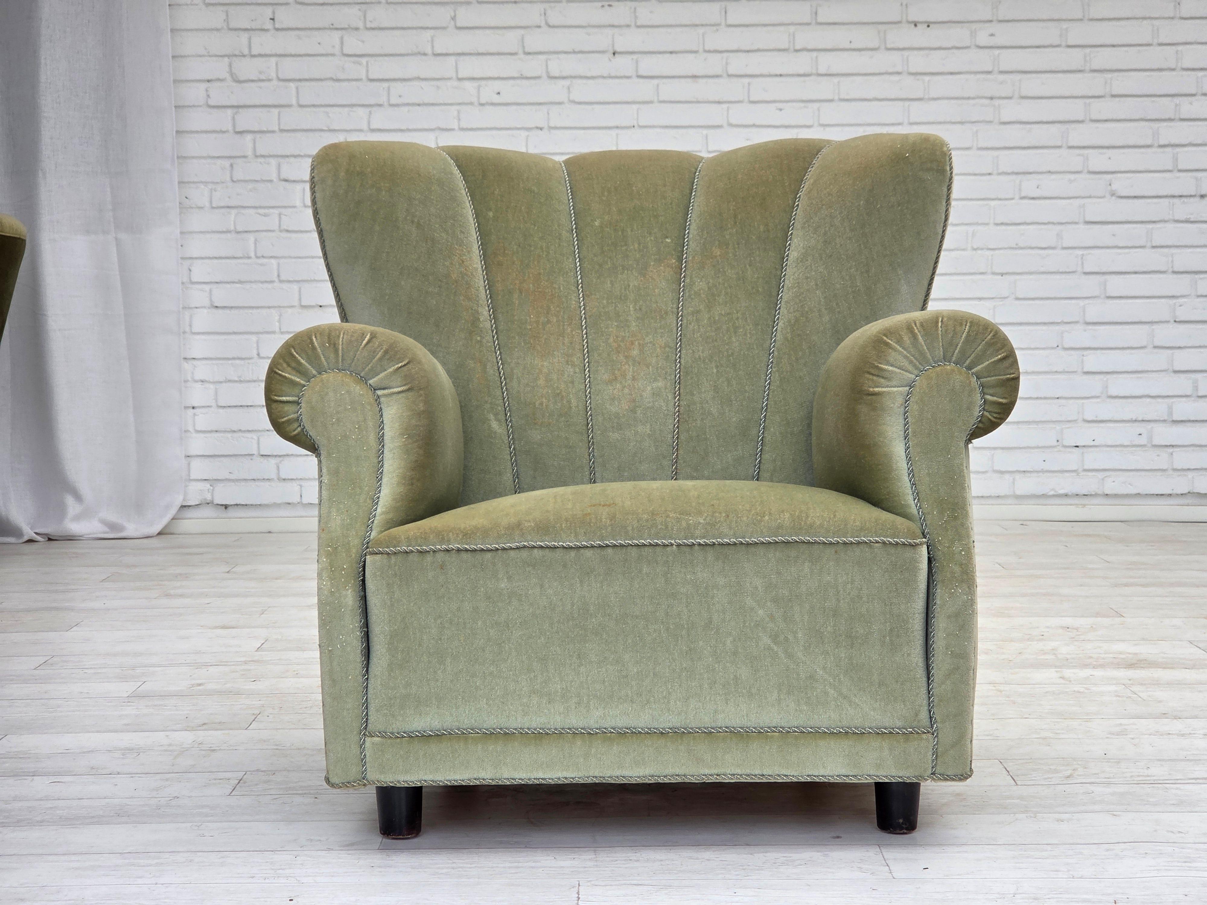 1970s, Danish relax armchair, light green furniture velour, original condition. For Sale 1