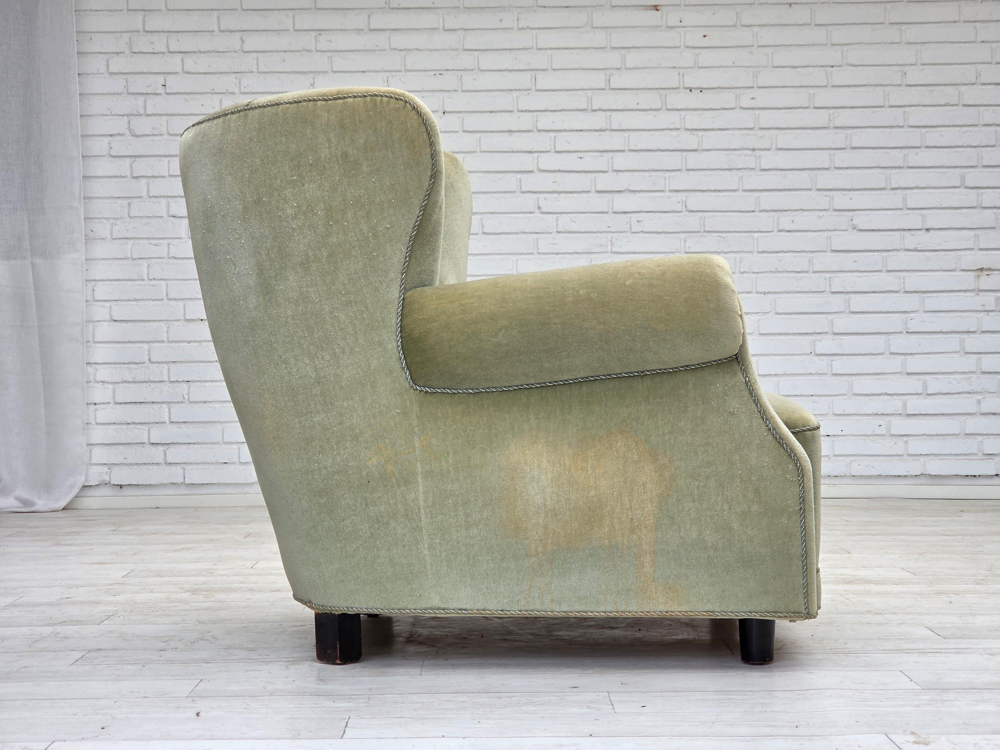 1970s, Danish relax armchair, light green furniture velour, original condition. For Sale 3