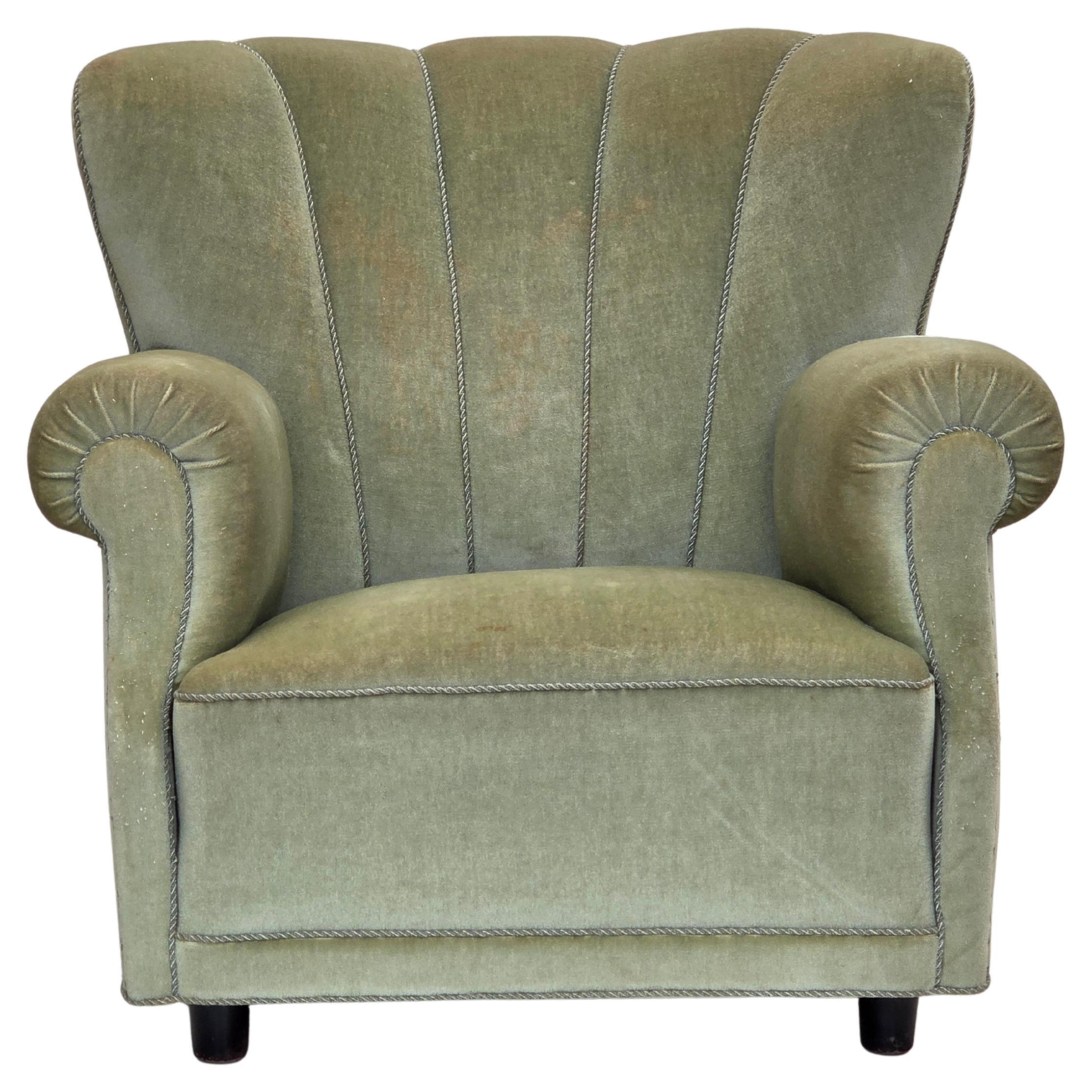 1970s, Danish relax armchair, light green furniture velour, original condition. For Sale