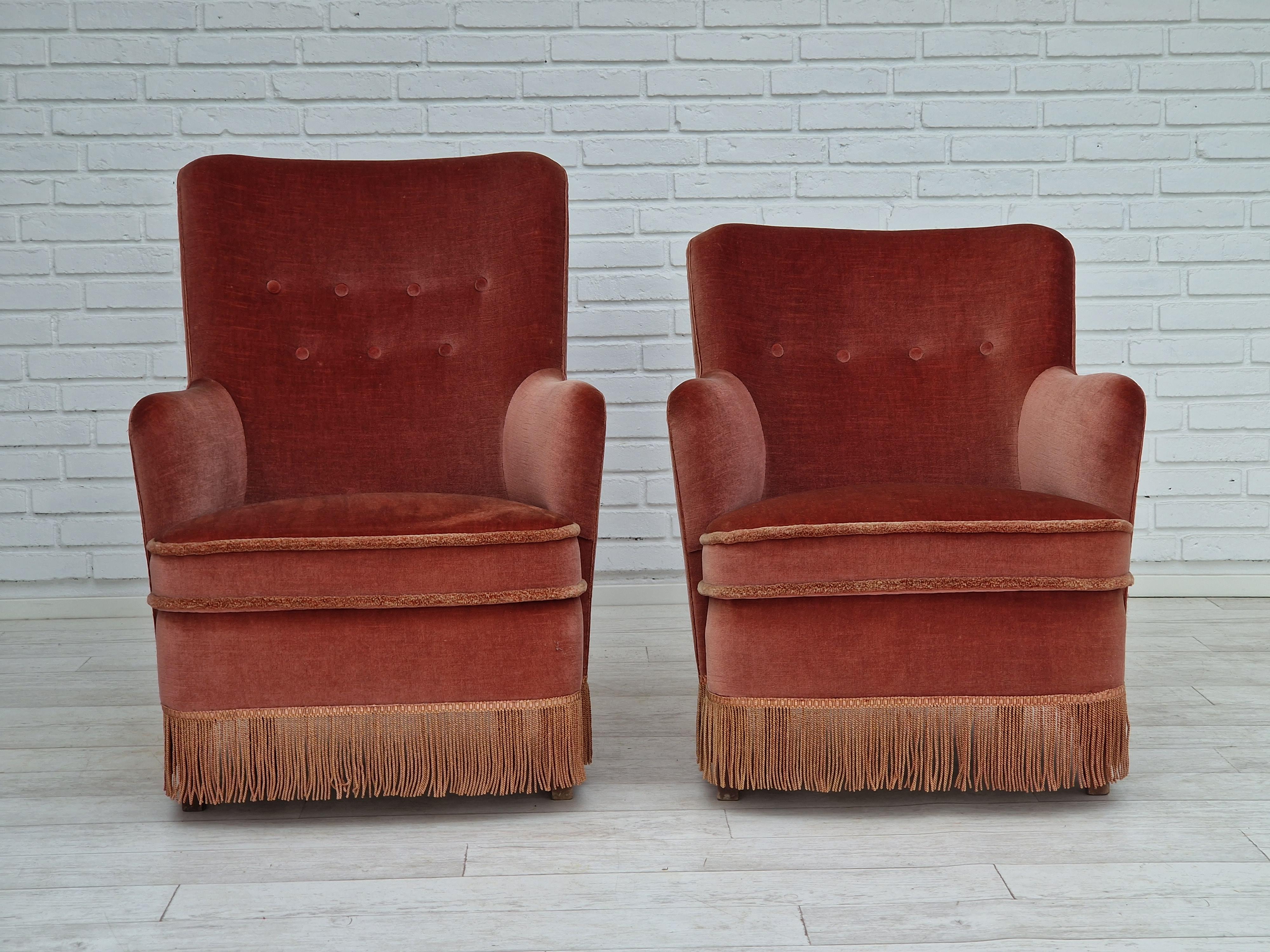 1970s, Danish Set of Two Velour Chairs, Original Condition, Beechwood 6