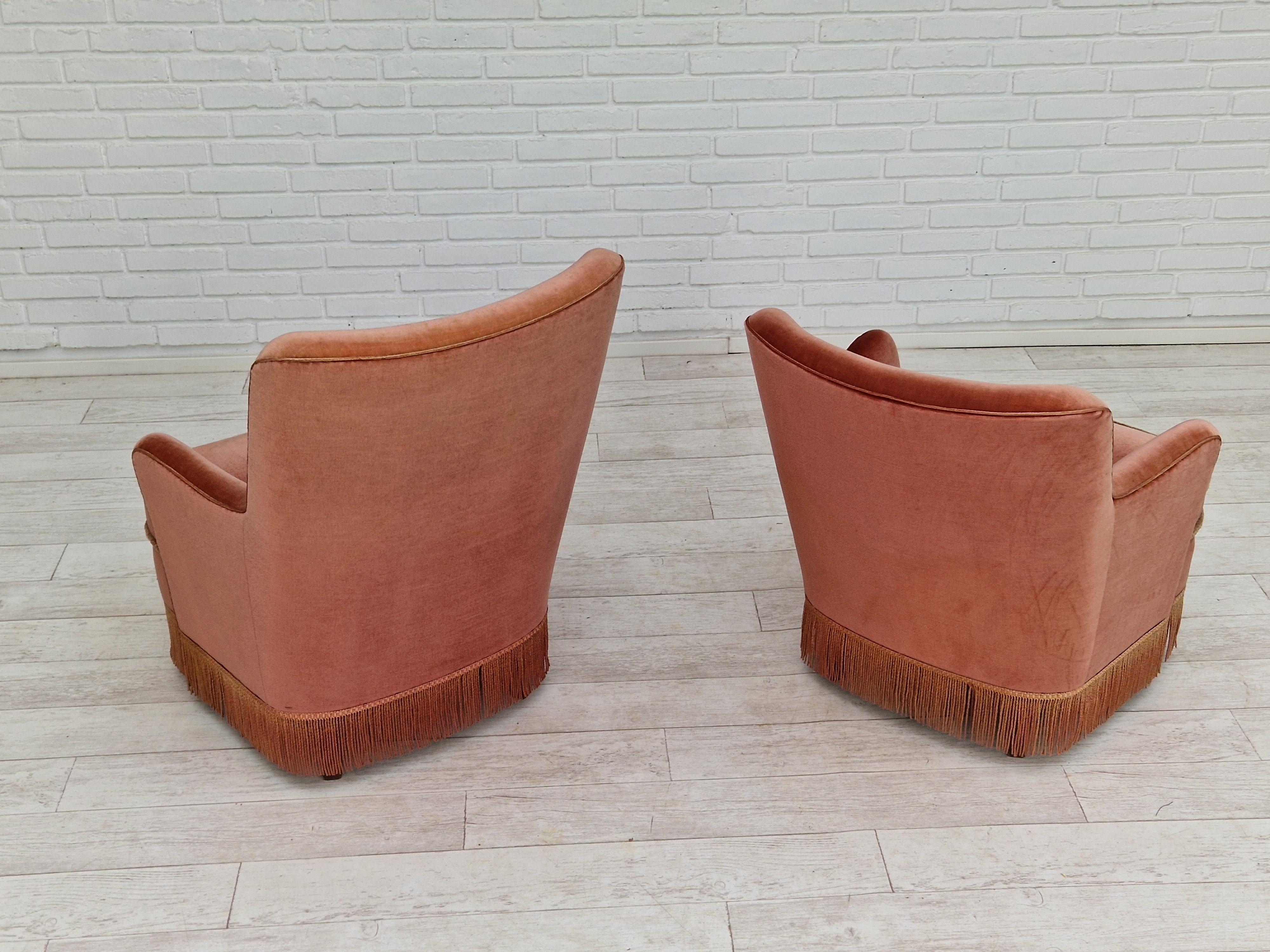 1970s, Danish Set of Two Velour Chairs, Original Condition, Beechwood 7