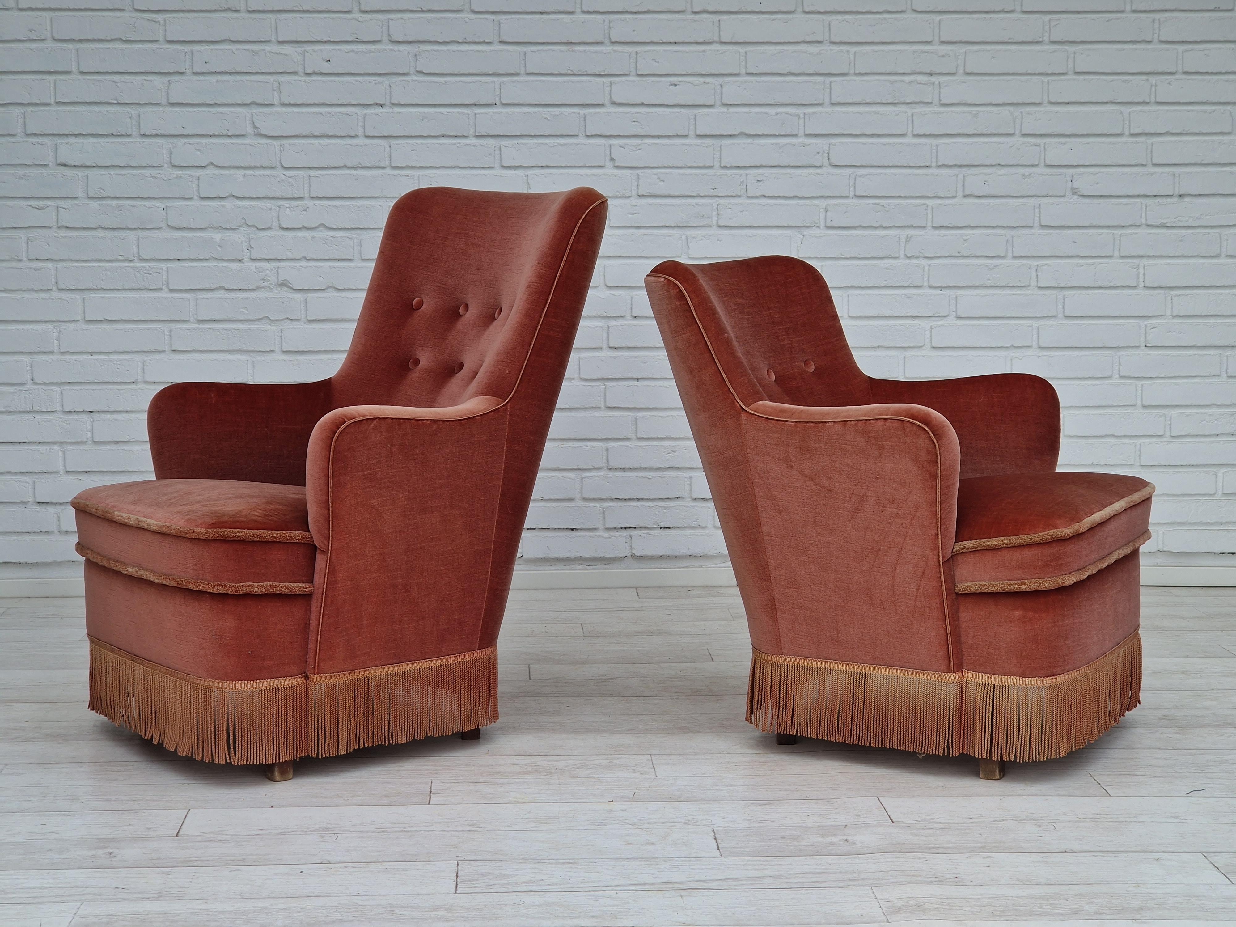 Scandinavian Modern 1970s, Danish Set of Two Velour Chairs, Original Condition, Beechwood