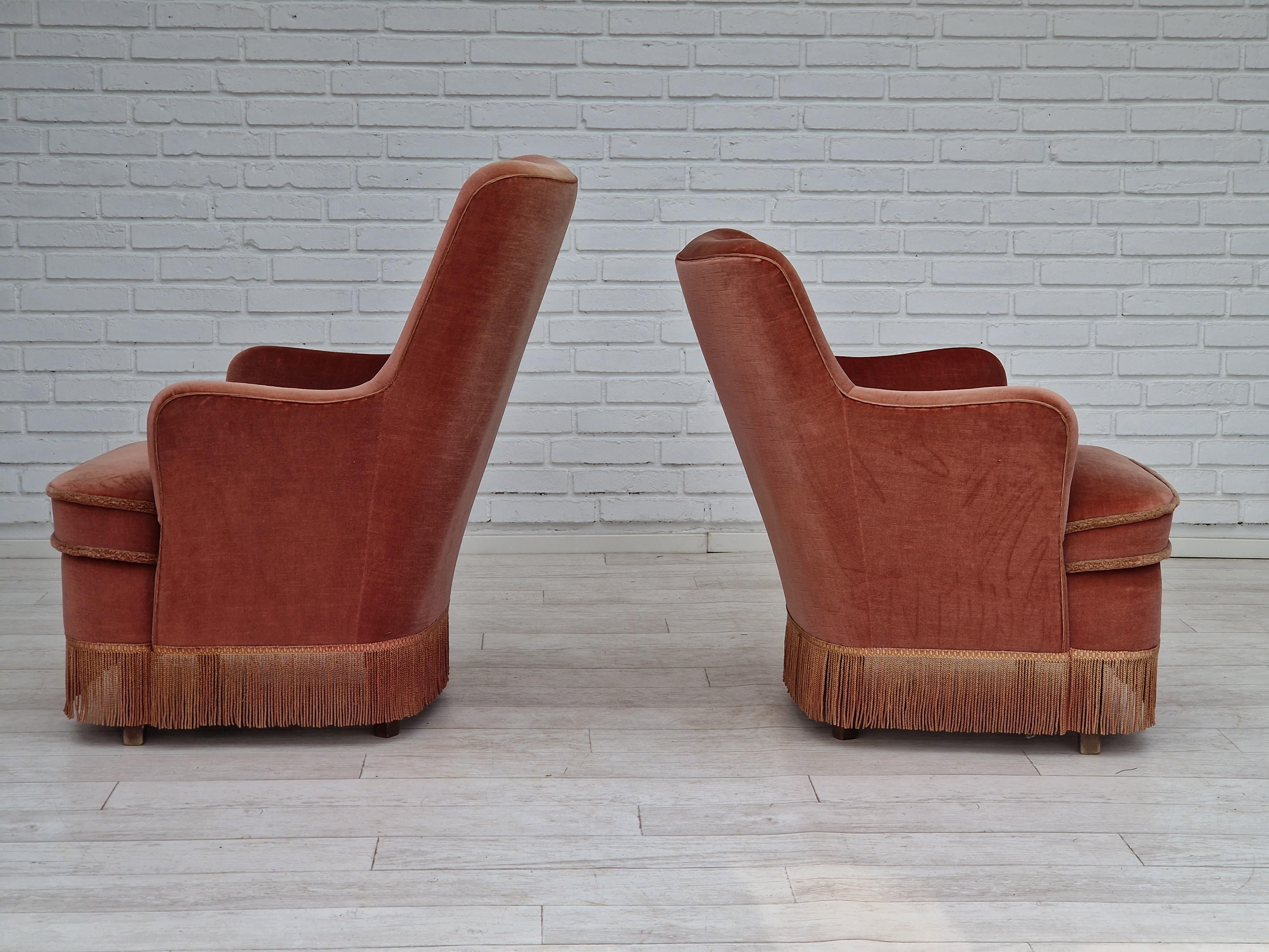 1970s, Danish Set of Two Velour Chairs, Original Condition, Beechwood In Good Condition In Tarm, 82
