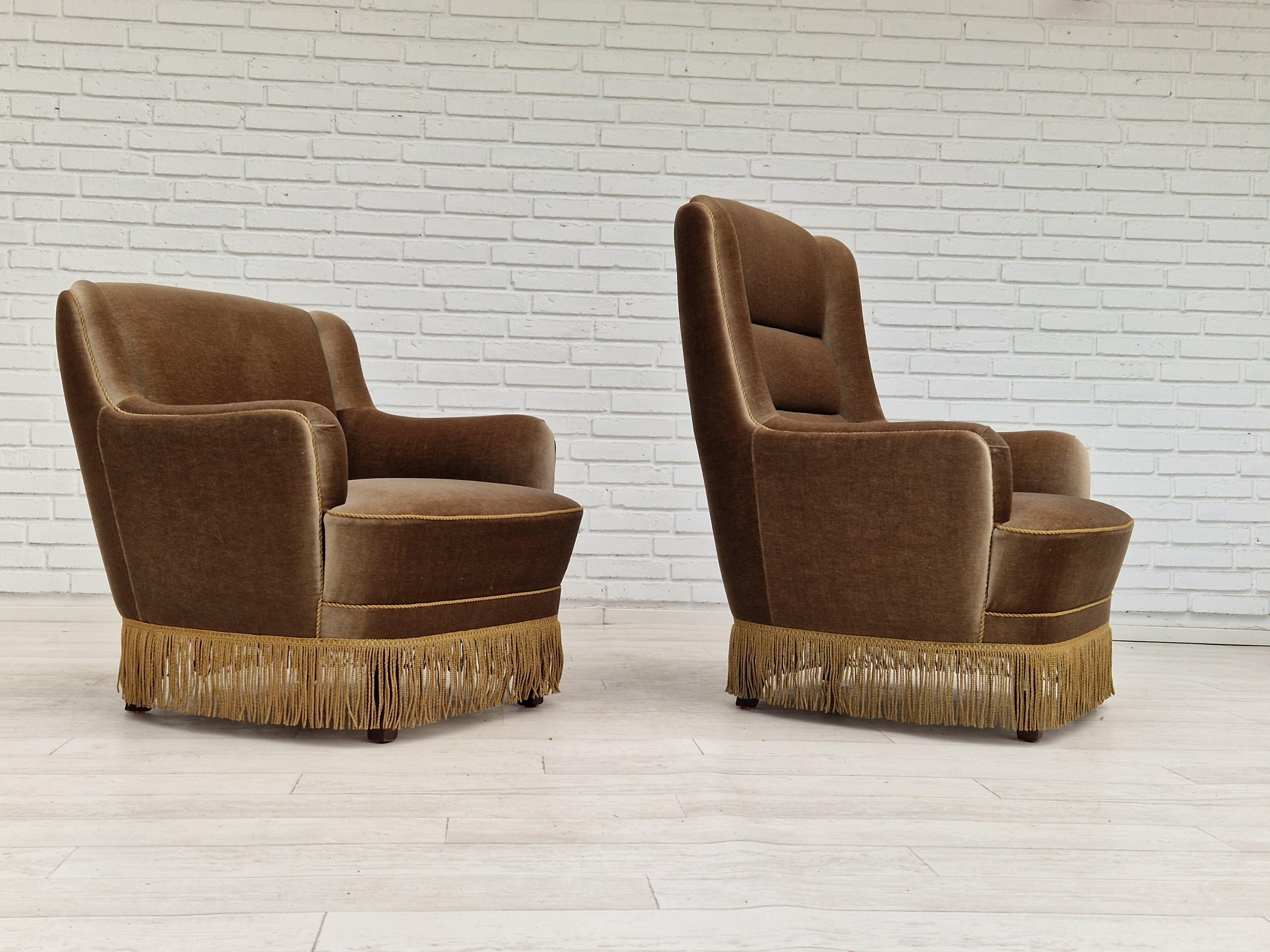 Scandinavian Modern 1970s, Danish Set of Two Velour Chairs, Original Condition