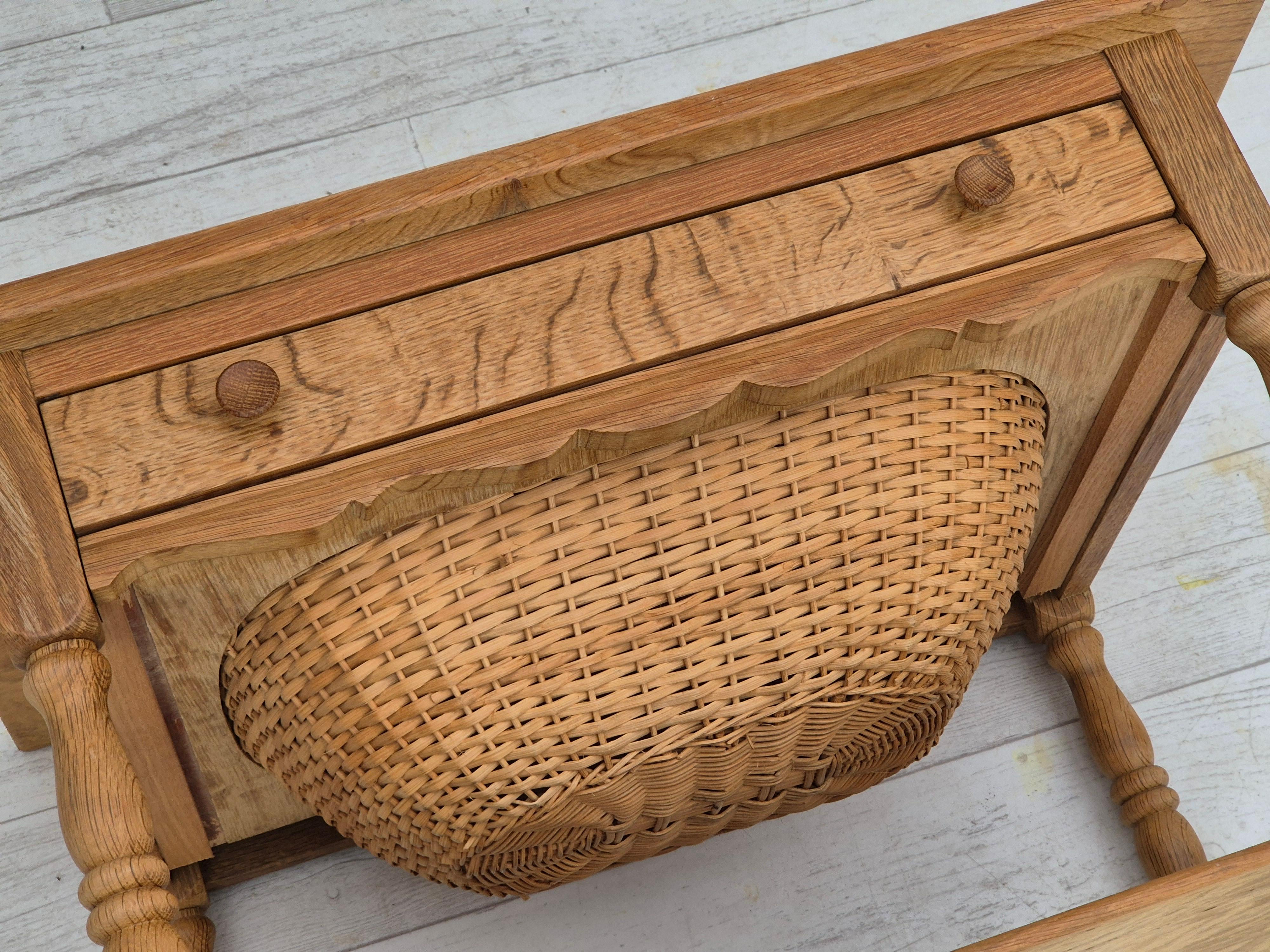 1970s, Danish sewing chest of drawers, solid oak wood, rattan. 8