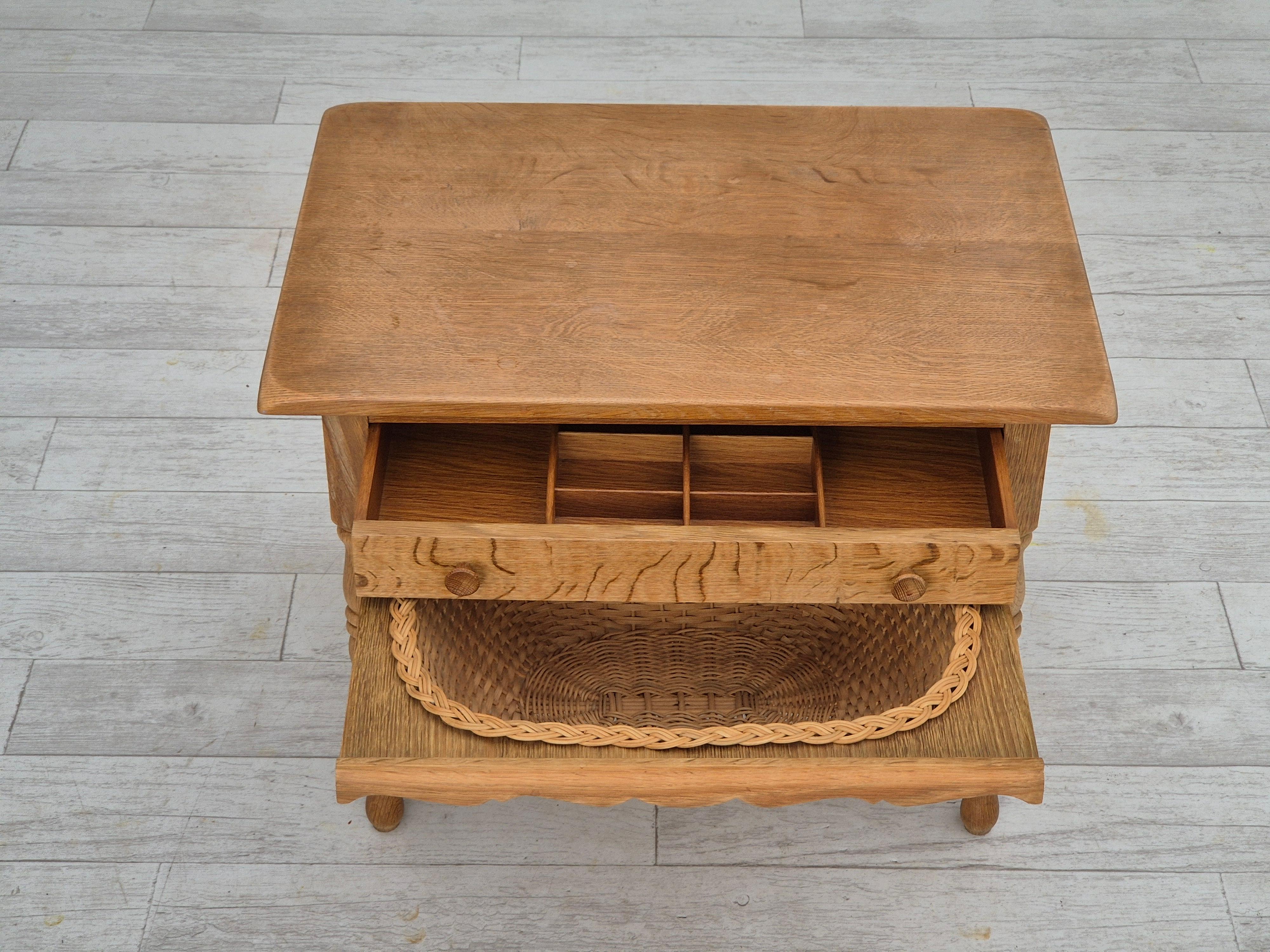 1970s, Danish sewing chest of drawers, solid oak wood, rattan. 9
