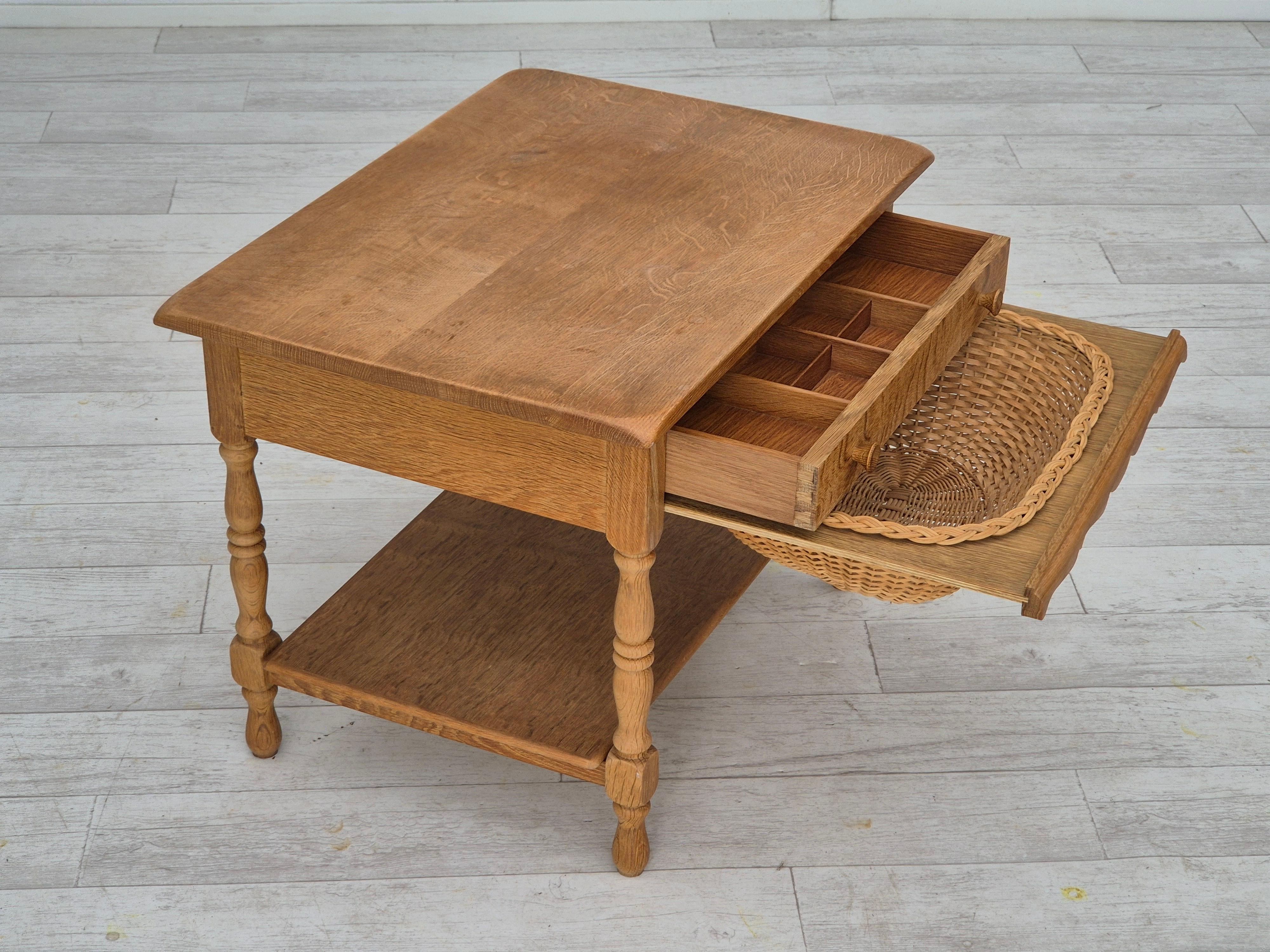 Rattan 1970s, Danish sewing chest of drawers, solid oak wood, rattan.