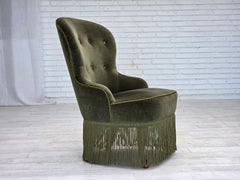 1970er Jahre, dänischer Beistellstuhl, grüner Möbelvelours, Beine aus Buchenholz.