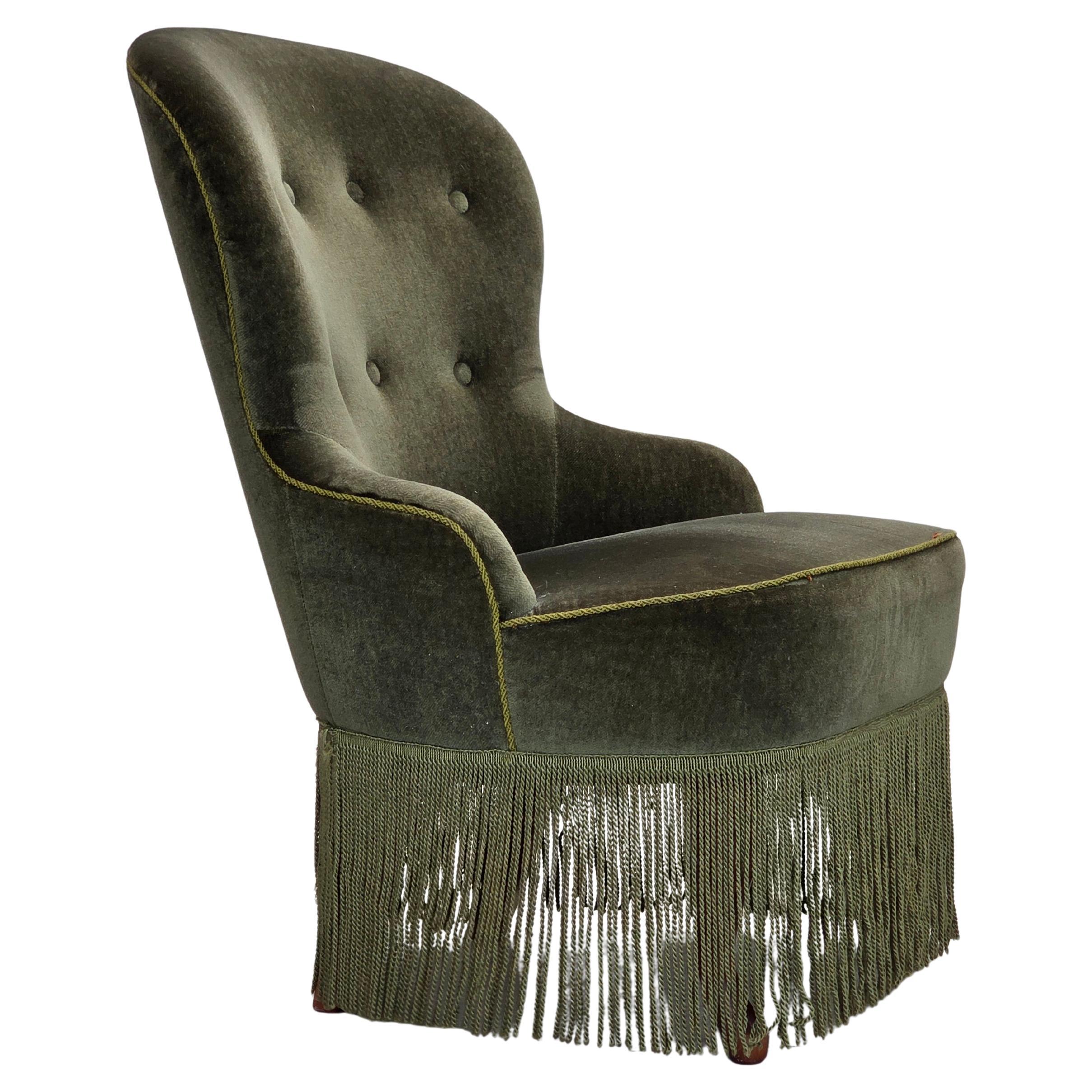 1970s, Danish side chair, green furniture velour, beech wood legs.