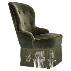 1970s, Danish side chair, green furniture velour, beech wood legs.