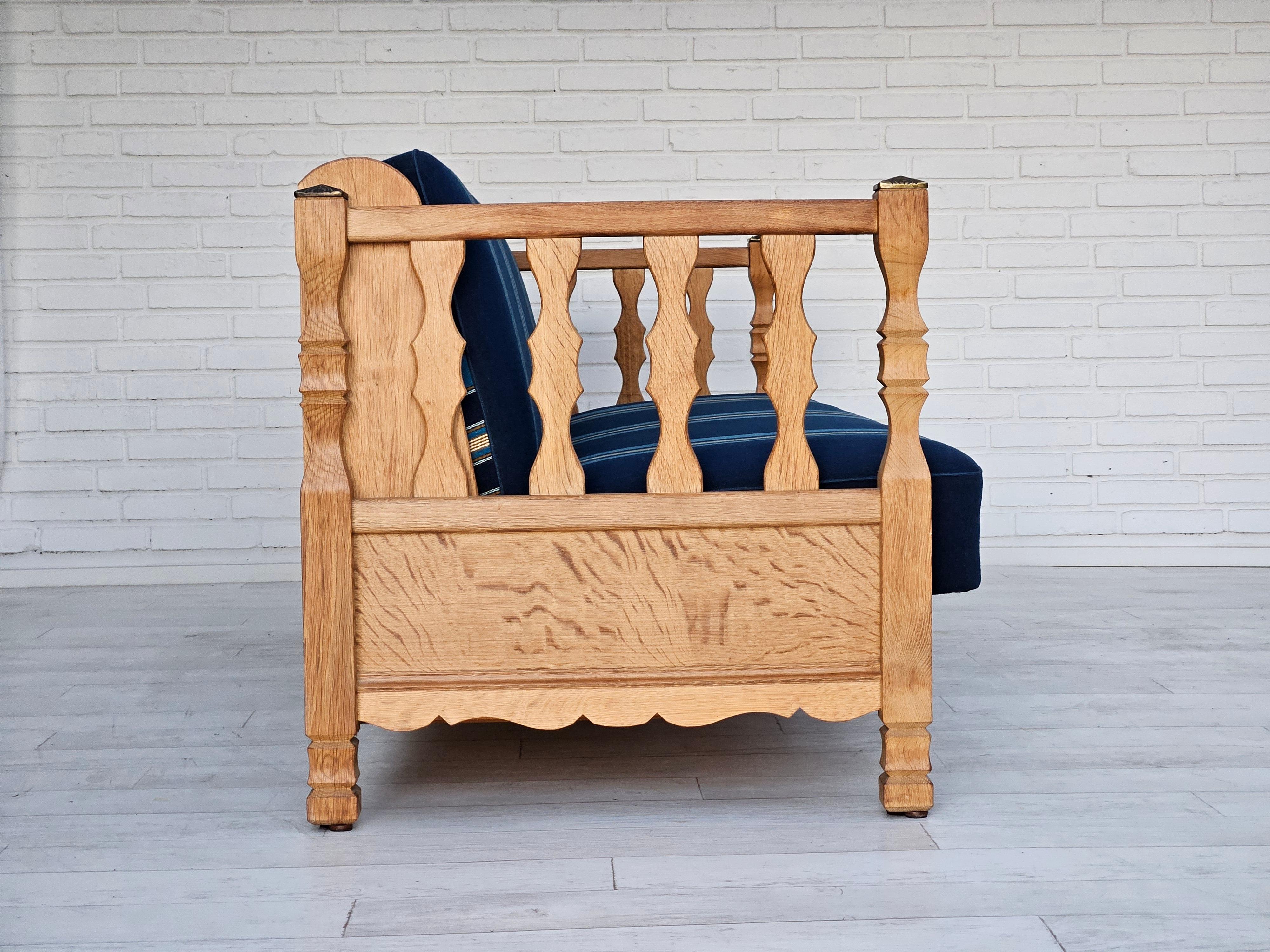 Wool 1970s, Danish sleeping foldable sofa, oak wood, original very good condition. For Sale