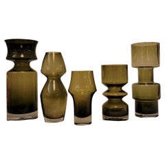 Vintage 1970s Danish Tamara Aladin Olive Glass Vases, Set of 5