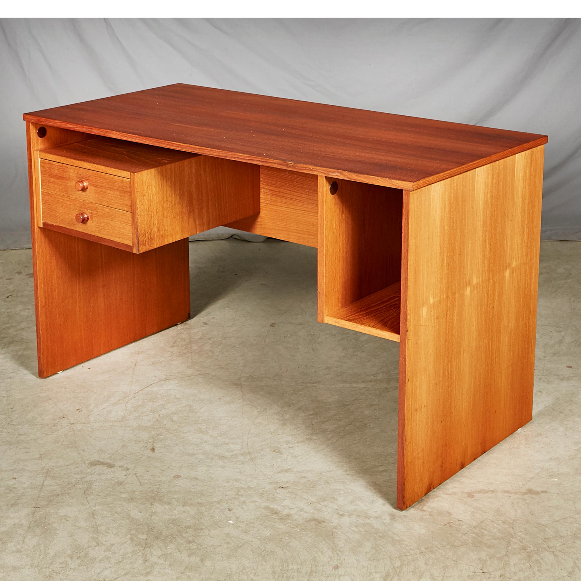 1970s Danish teak desk with two drawers and a storage cubby. Newly refinished. Marked: Domino Mobler, Denmark.
