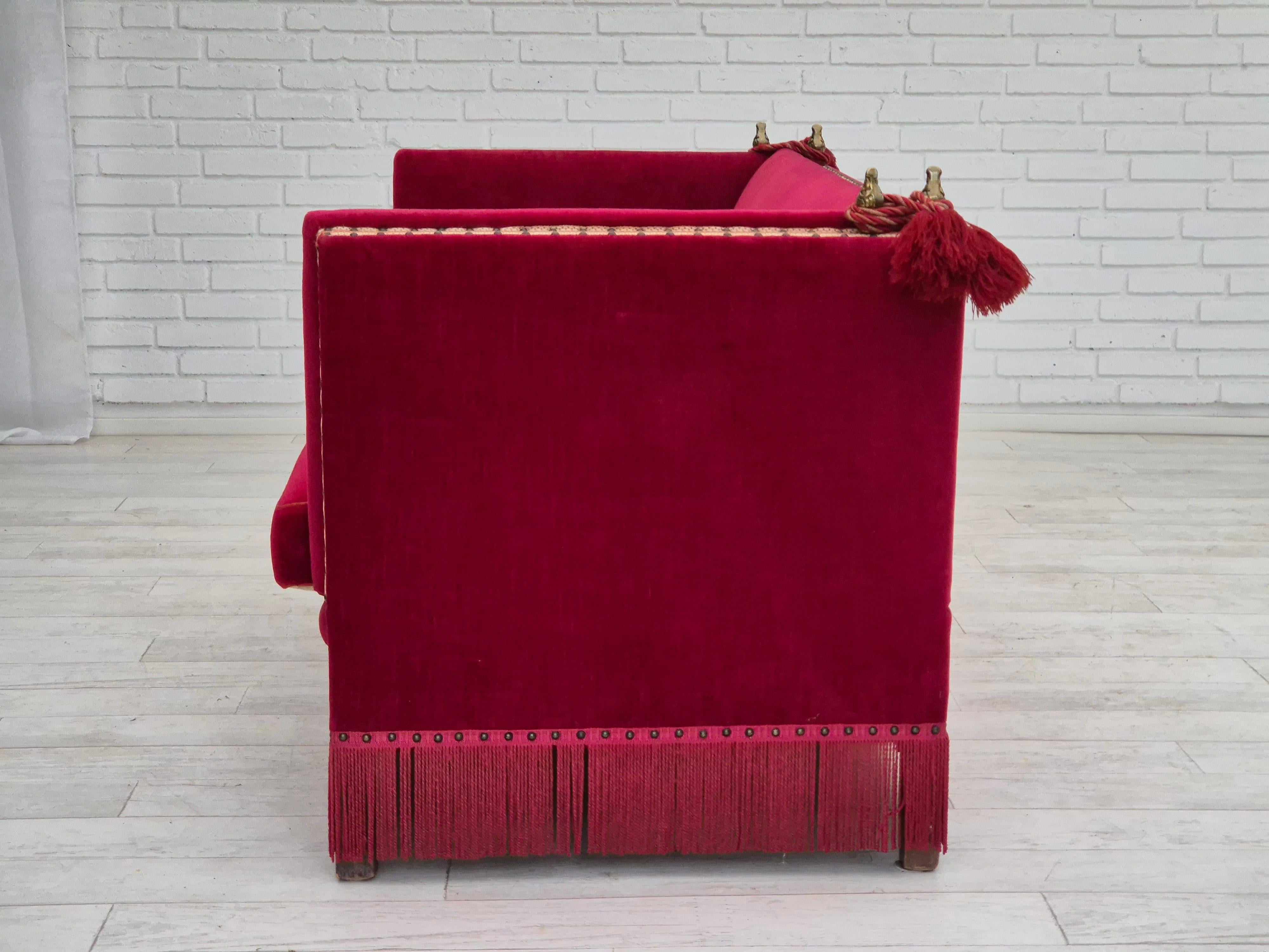 1970s, Danish velour 2 seater drop arm sofa, cherry-red velour, original. 4
