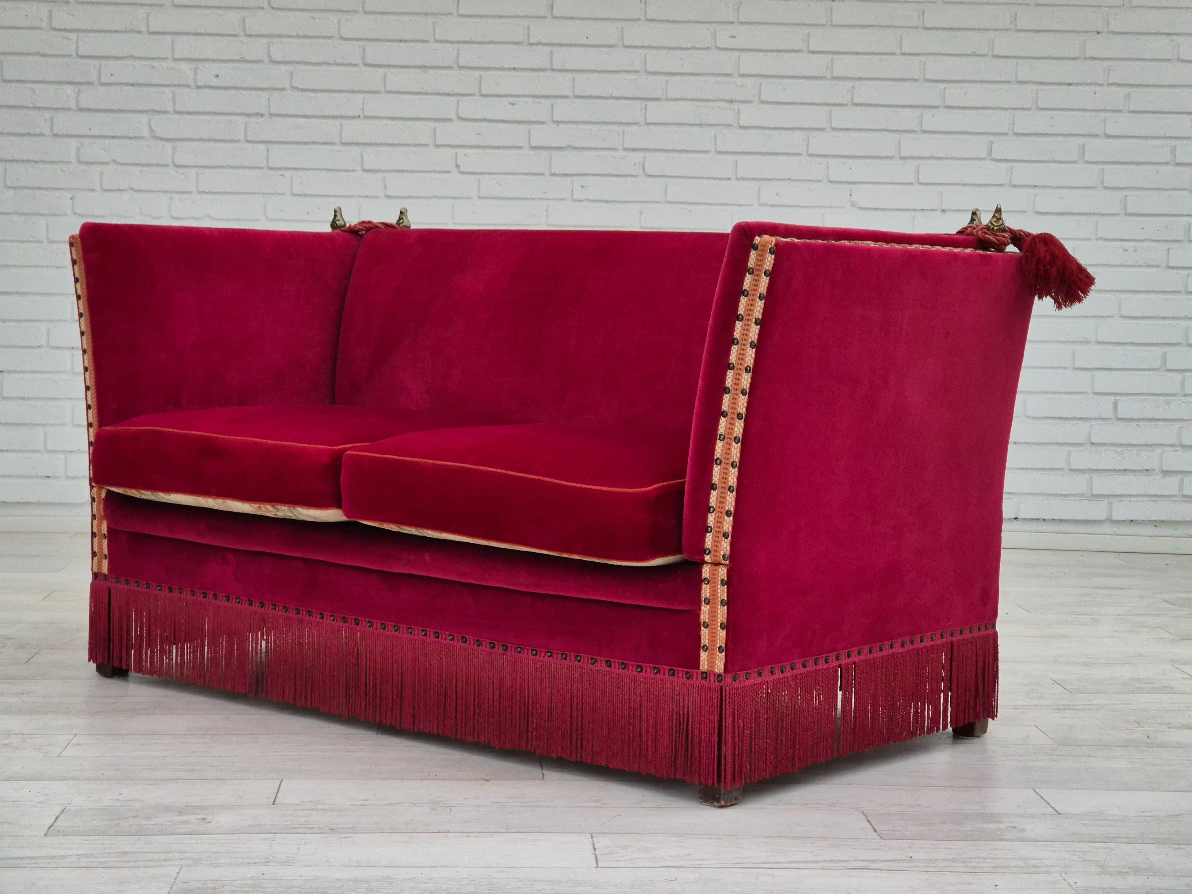 1970s, Danish velour 2 seater drop arm sofa, cherry-red velour, original. 5