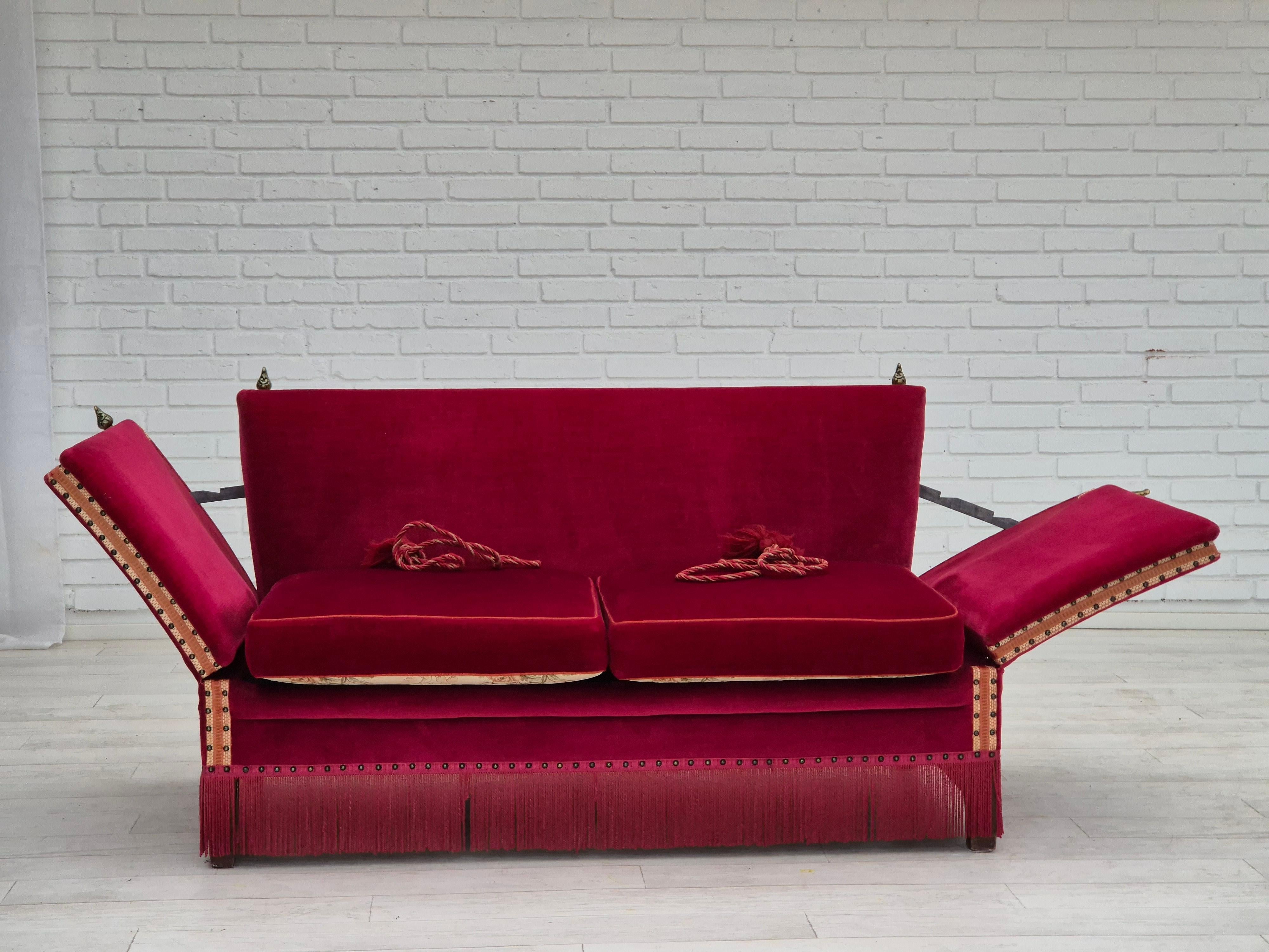 Mid-20th Century 1970s, Danish velour 2 seater drop arm sofa, cherry-red velour, original.