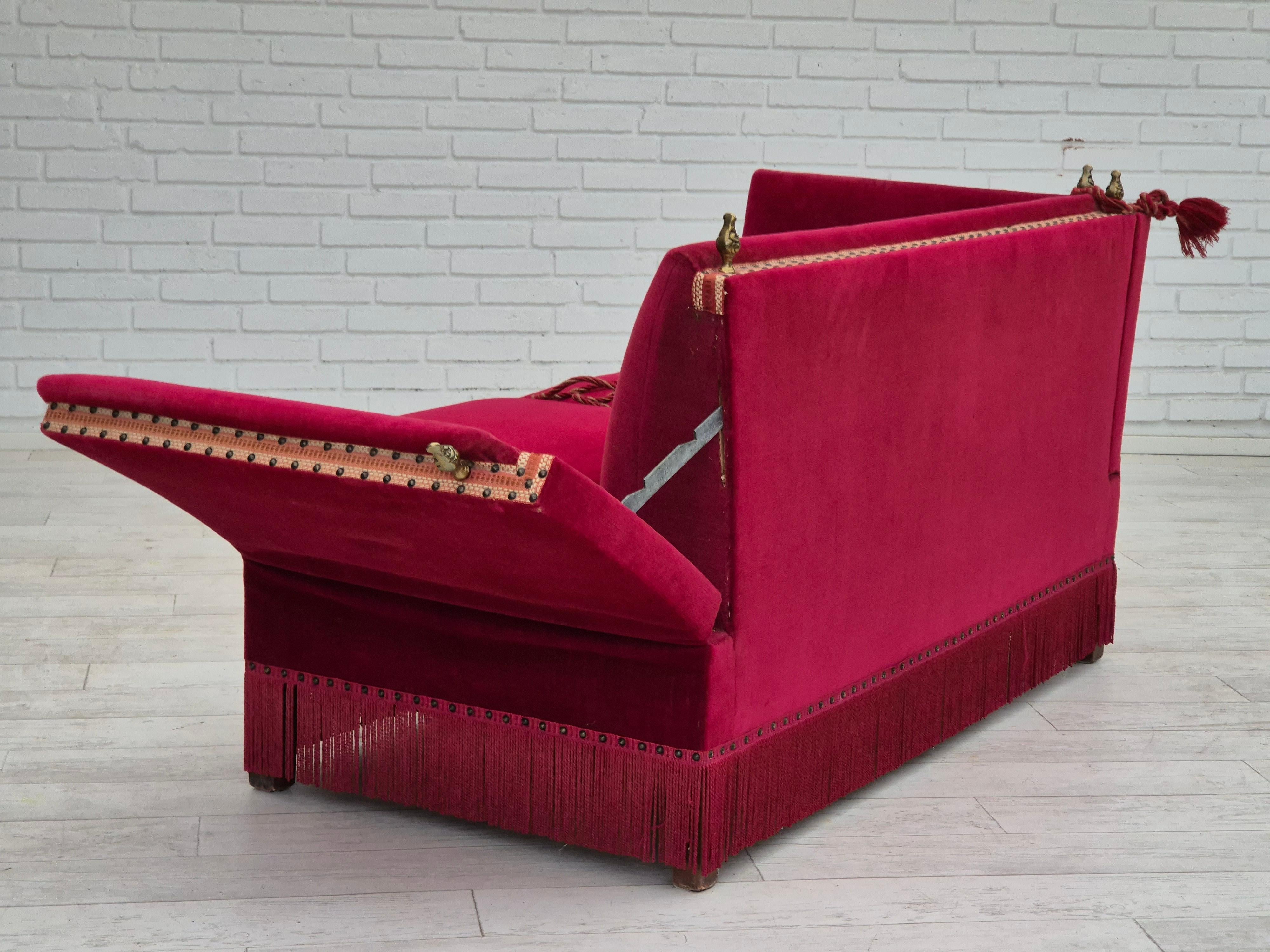 1970s, Danish velour 2 seater drop arm sofa, cherry-red velour, original. 2