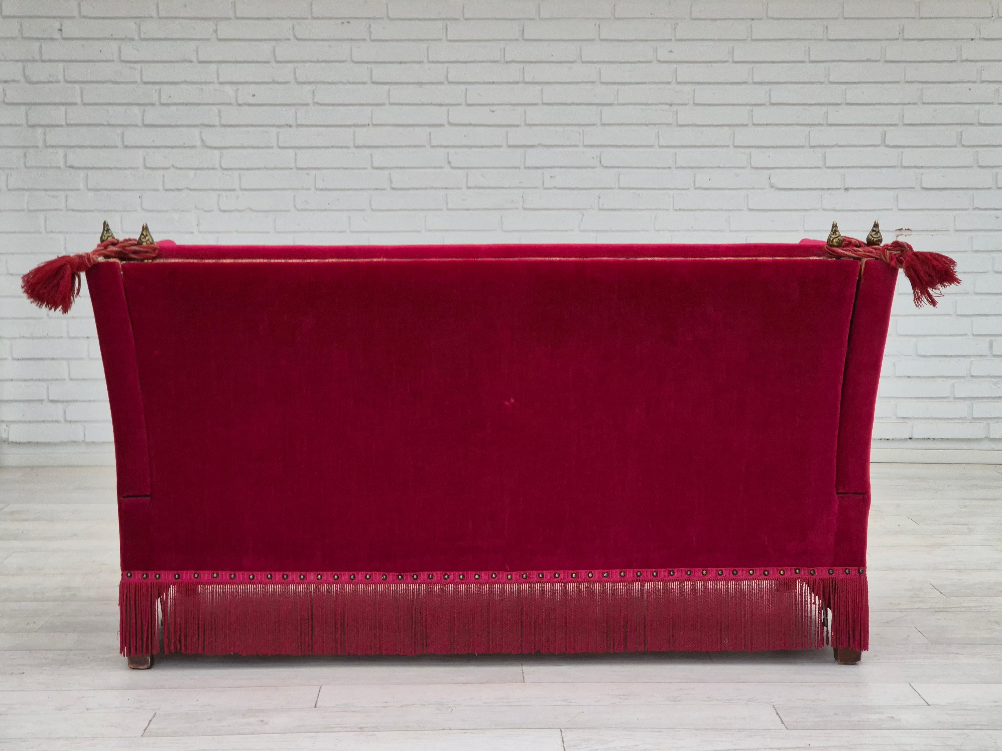 1970s, Danish velour 2 seater drop arm sofa, cherry-red velour, original. 3