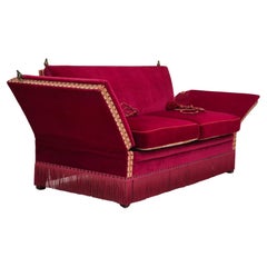 1970s, Danish velour 2 seater drop arm sofa, cherry-red velour, original.