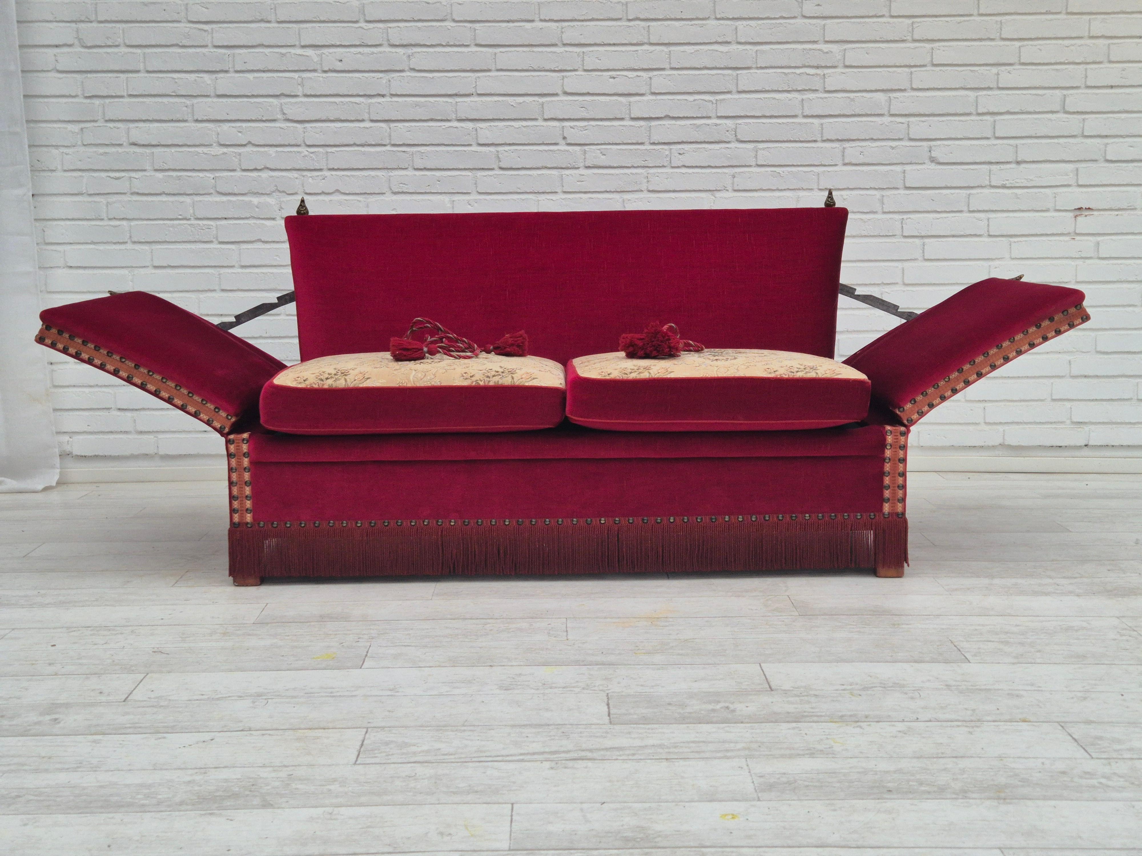 Scandinavian Modern 1970s, Danish velour 2 seater drop arm sofa, velour, original condition.