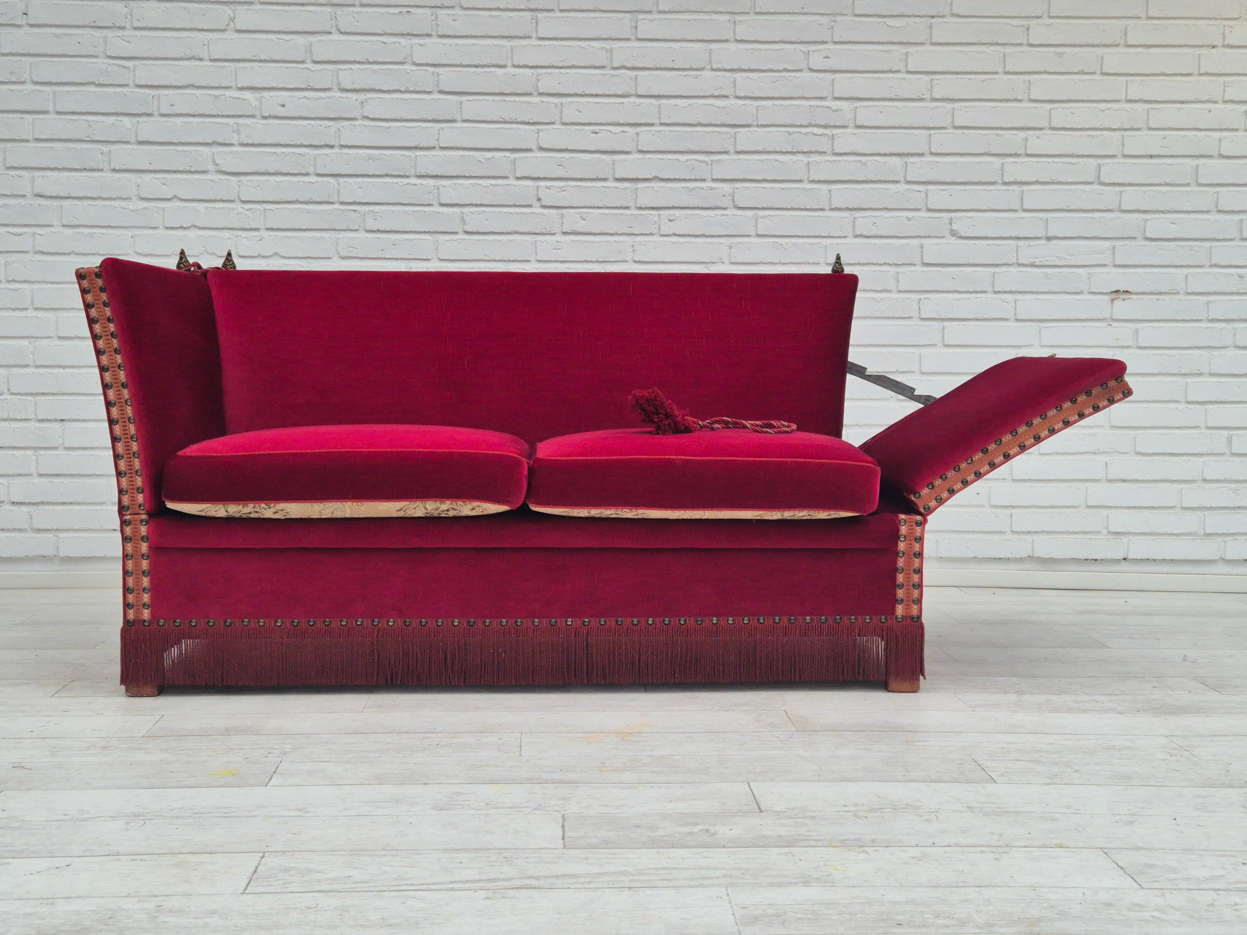 1970s, Danish velour 2 seater drop arm sofa, velour, original condition. In Good Condition In Tarm, 82