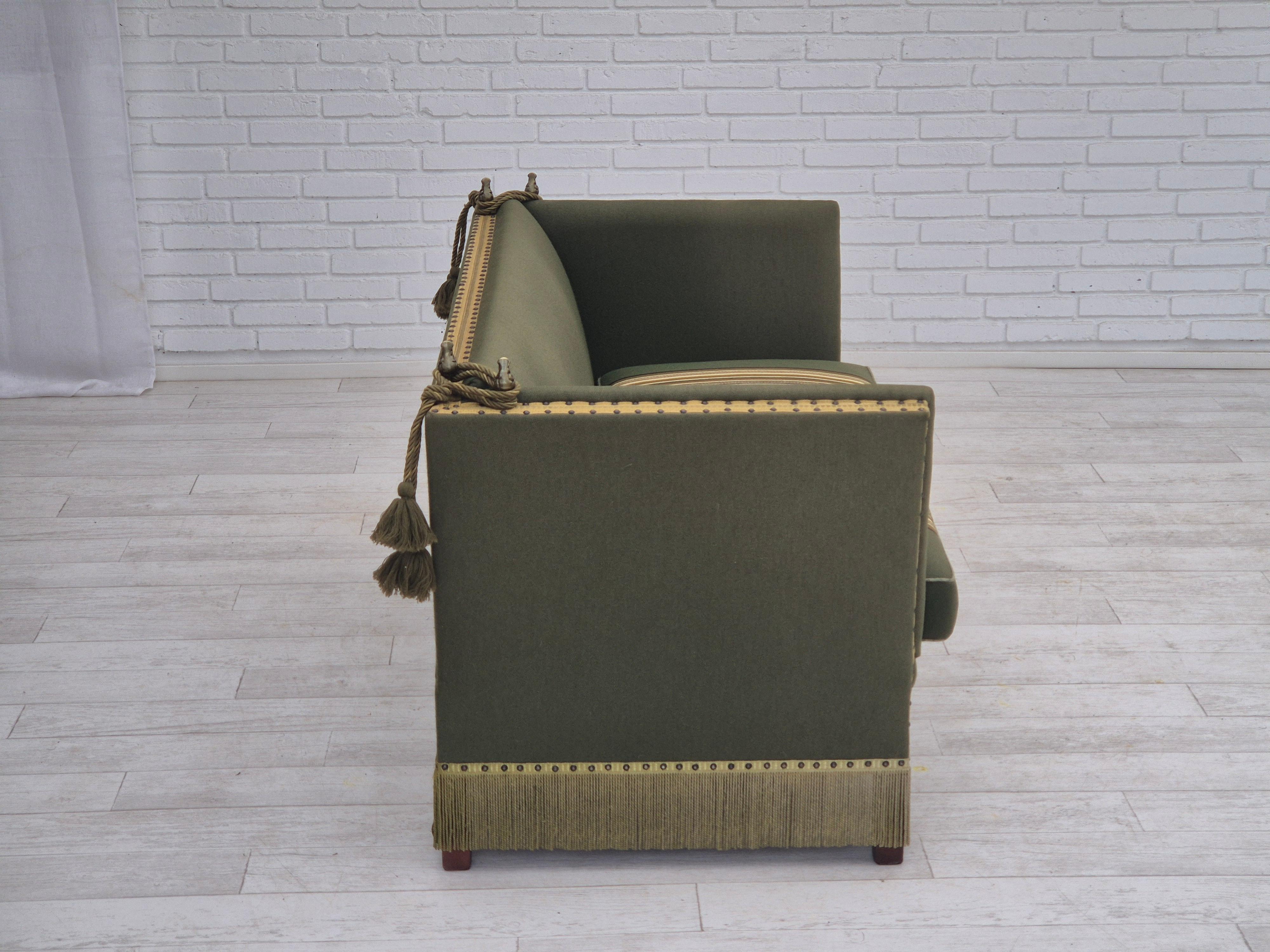 Scandinavian Modern 1970s, Danish velour 2 seater drop arm sofa, wool, original condition. For Sale