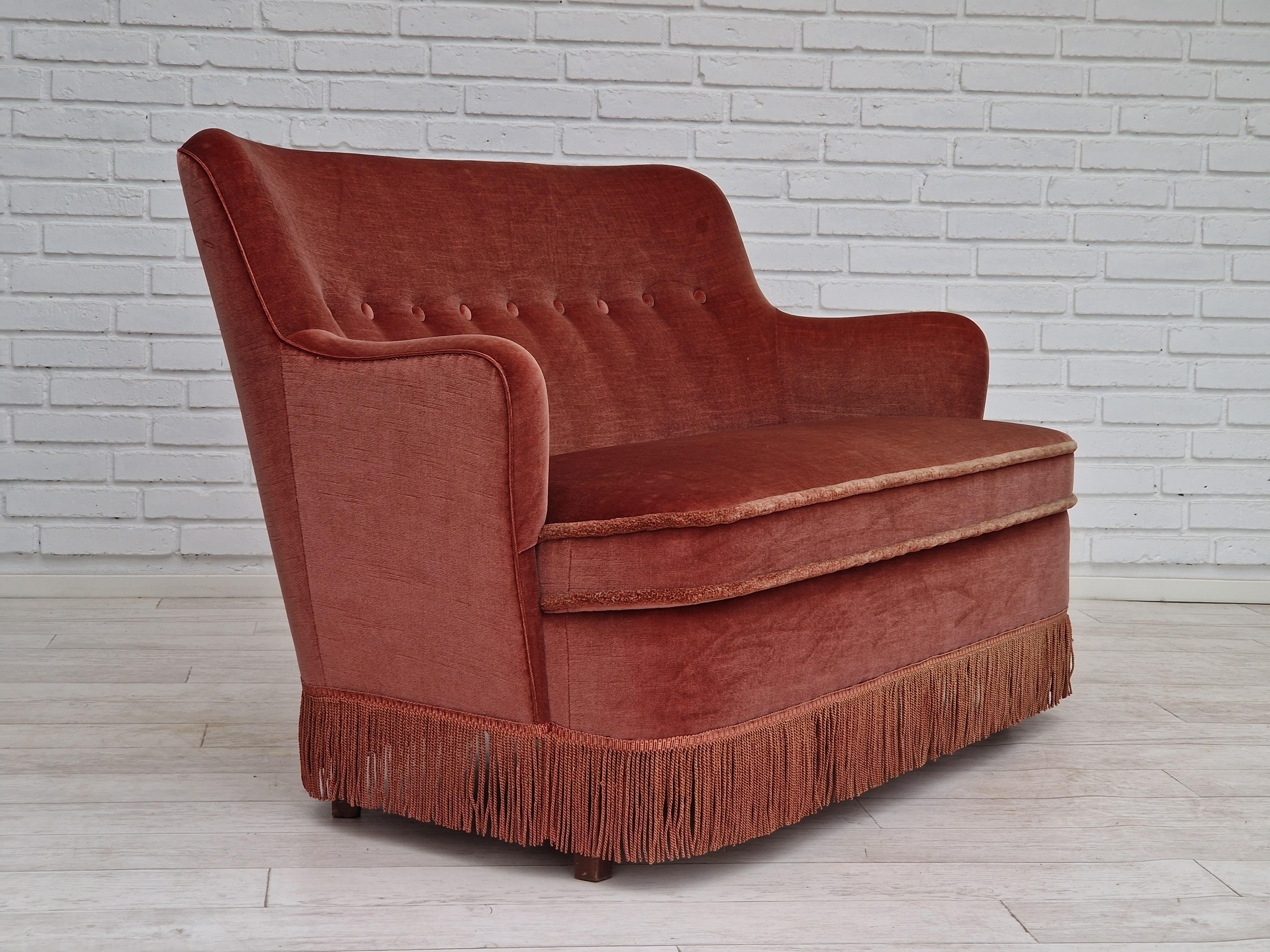 Scandinavian Modern 1970s, Danish Velour 2 Seater Sofa, Original Condition, Beechwood