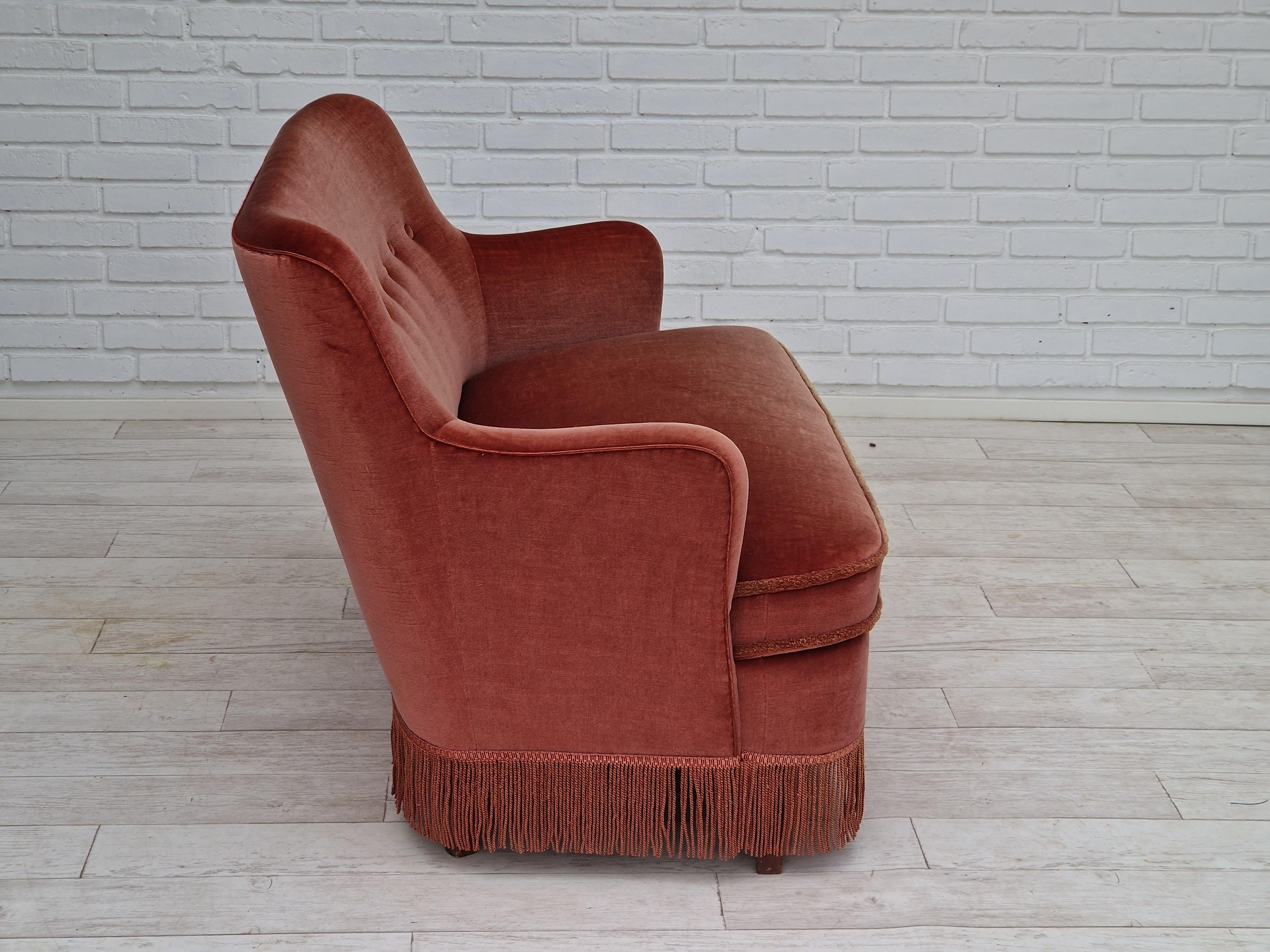 Mid-20th Century 1970s, Danish Velour 2 Seater Sofa, Original Condition, Beechwood