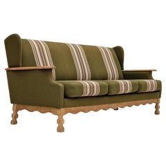 1970s, Danish vintage 3 seater, green fabric, oak wood, original condition.