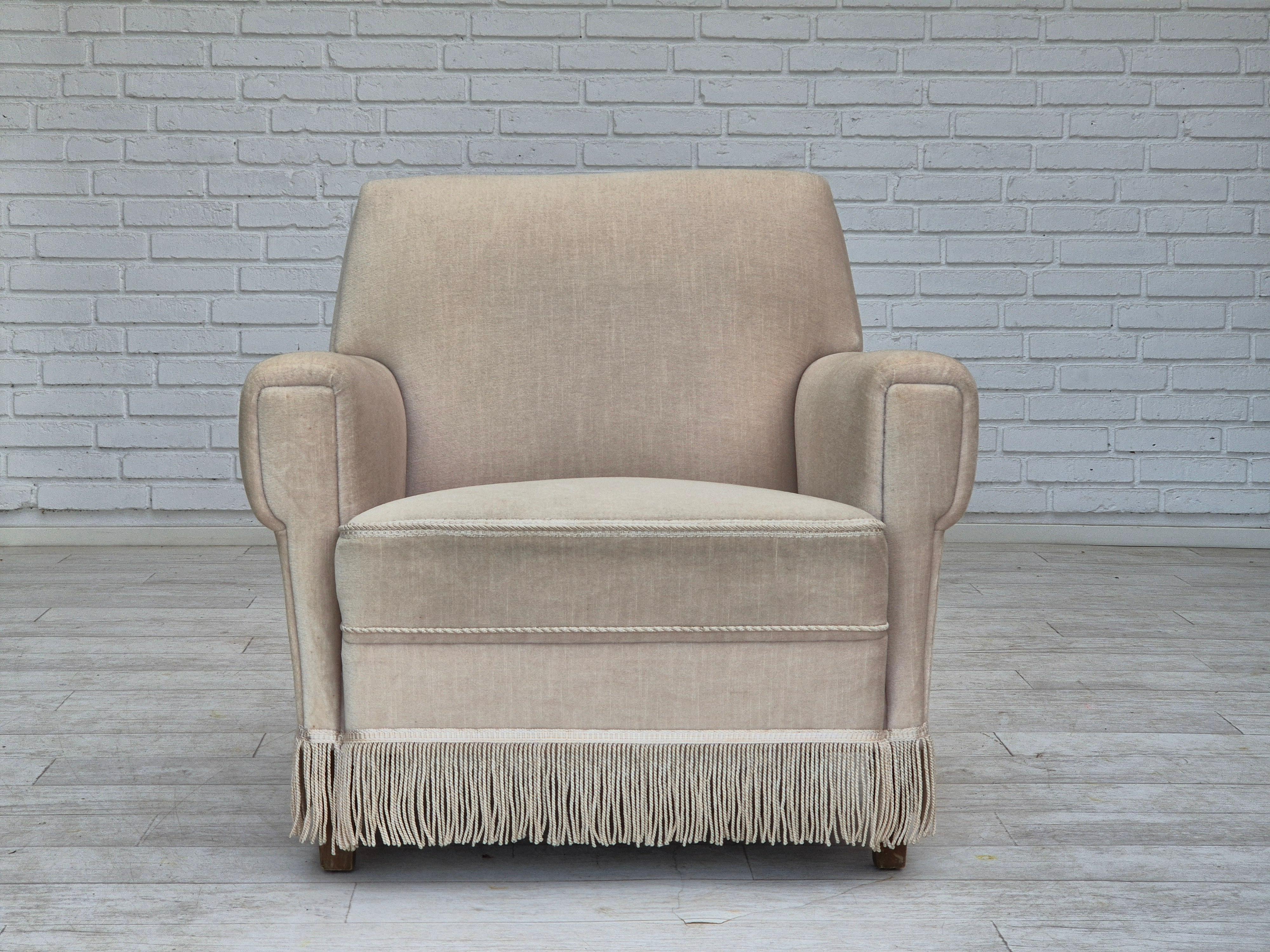 1970s, Danish vintage chair, furniture velour, ash wood, original condition. For Sale 11