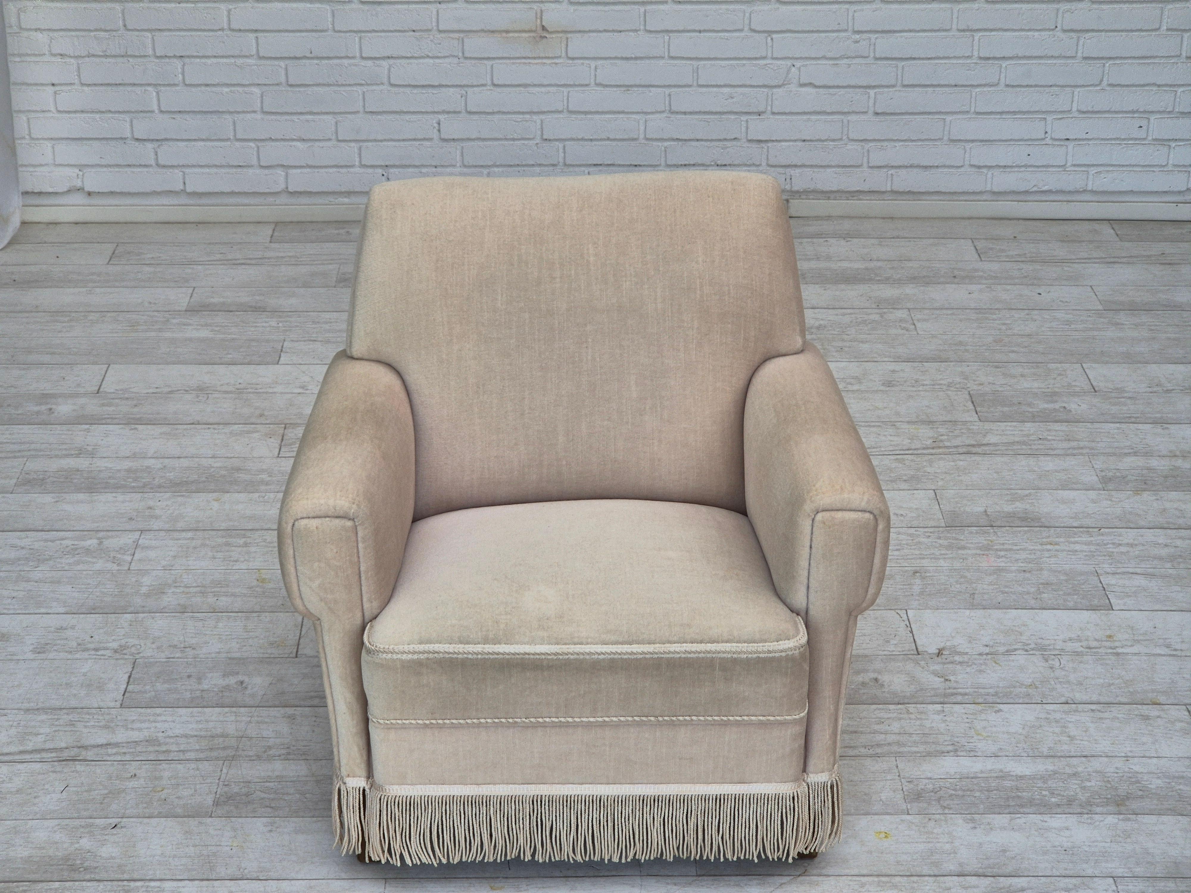 Scandinavian Modern 1970s, Danish vintage chair, furniture velour, ash wood, original condition. For Sale