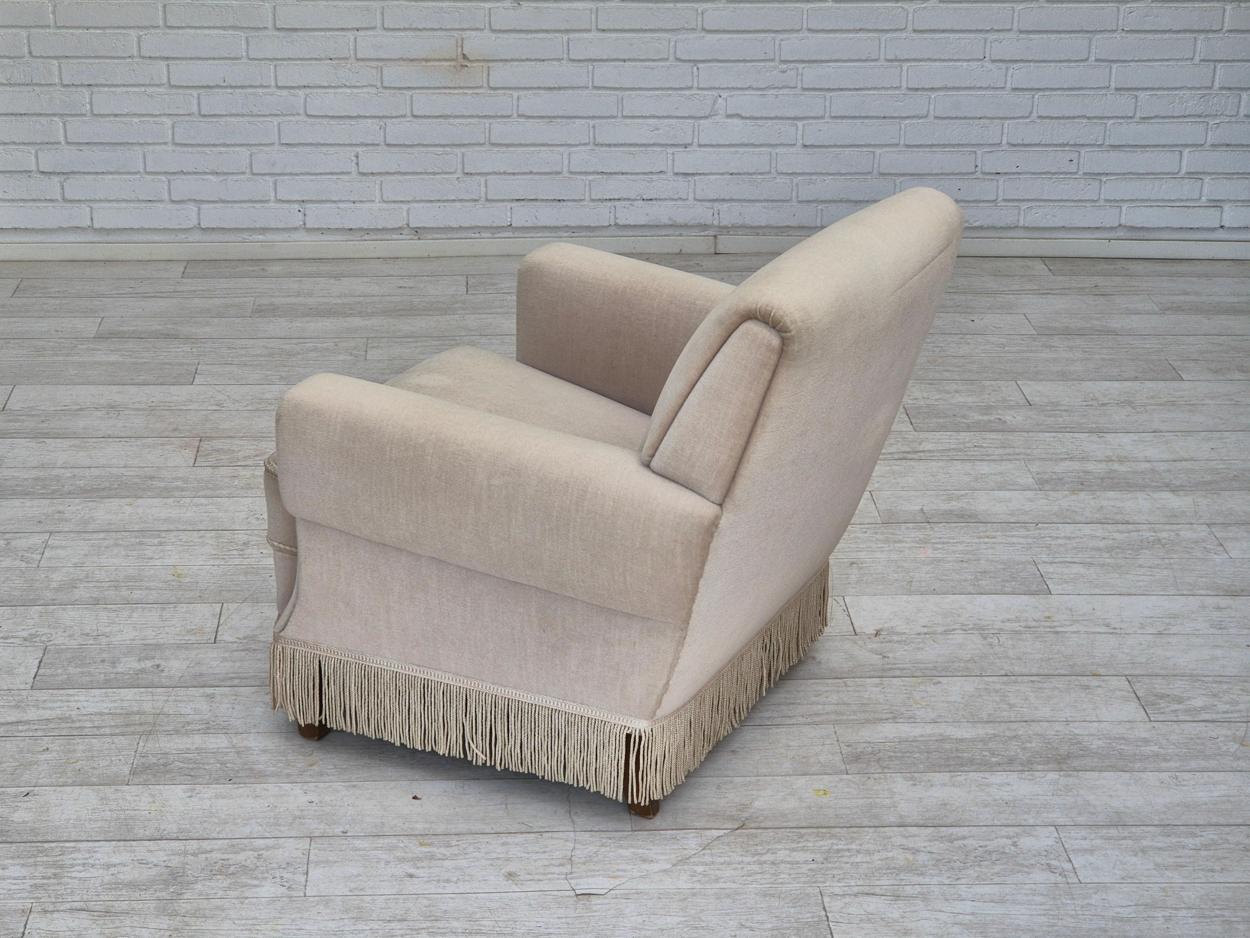 Velvet 1970s, Danish vintage chair, furniture velour, ash wood, original condition. For Sale