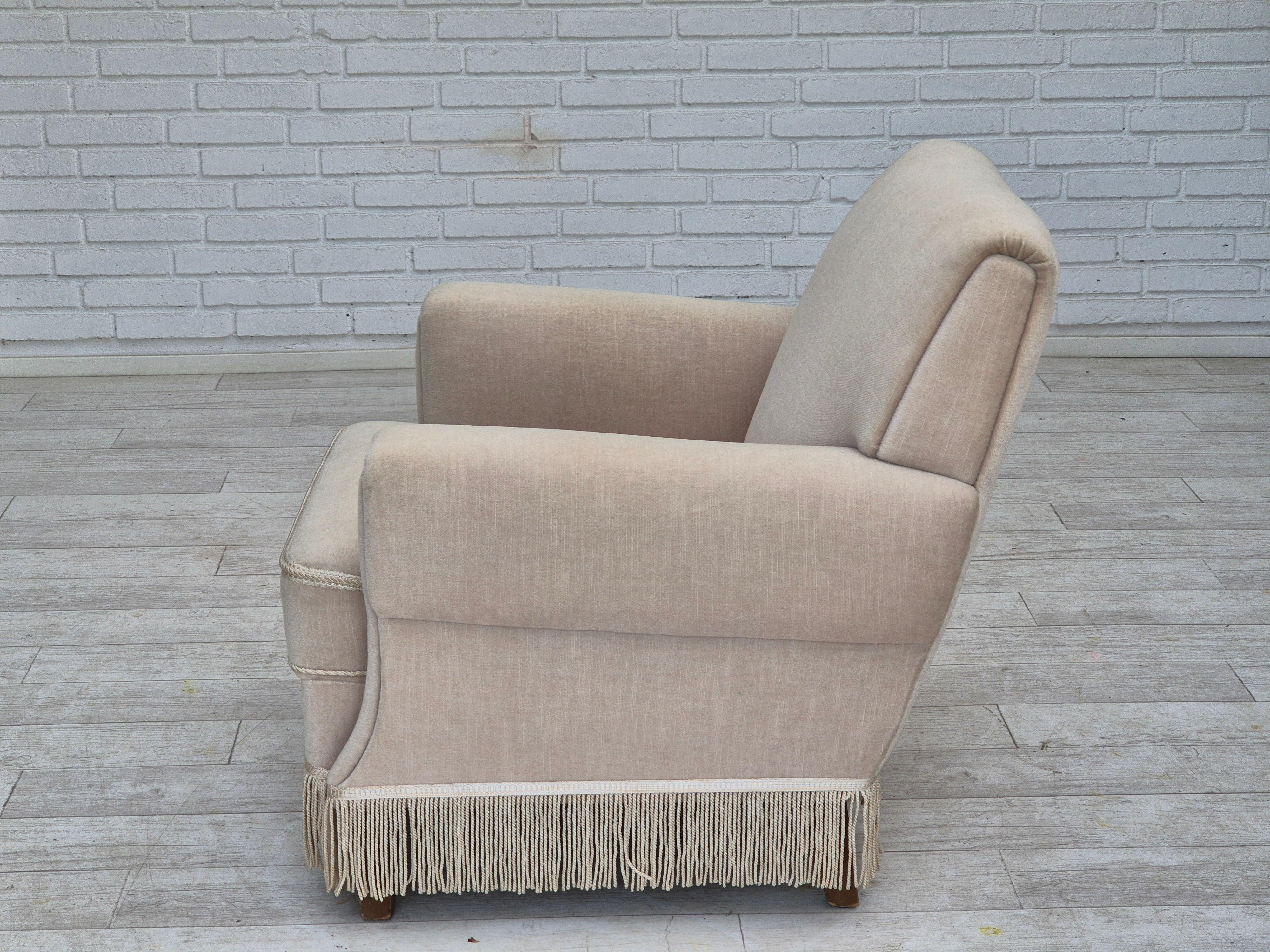 1970s, Danish vintage chair, furniture velour, ash wood, original condition. For Sale 1