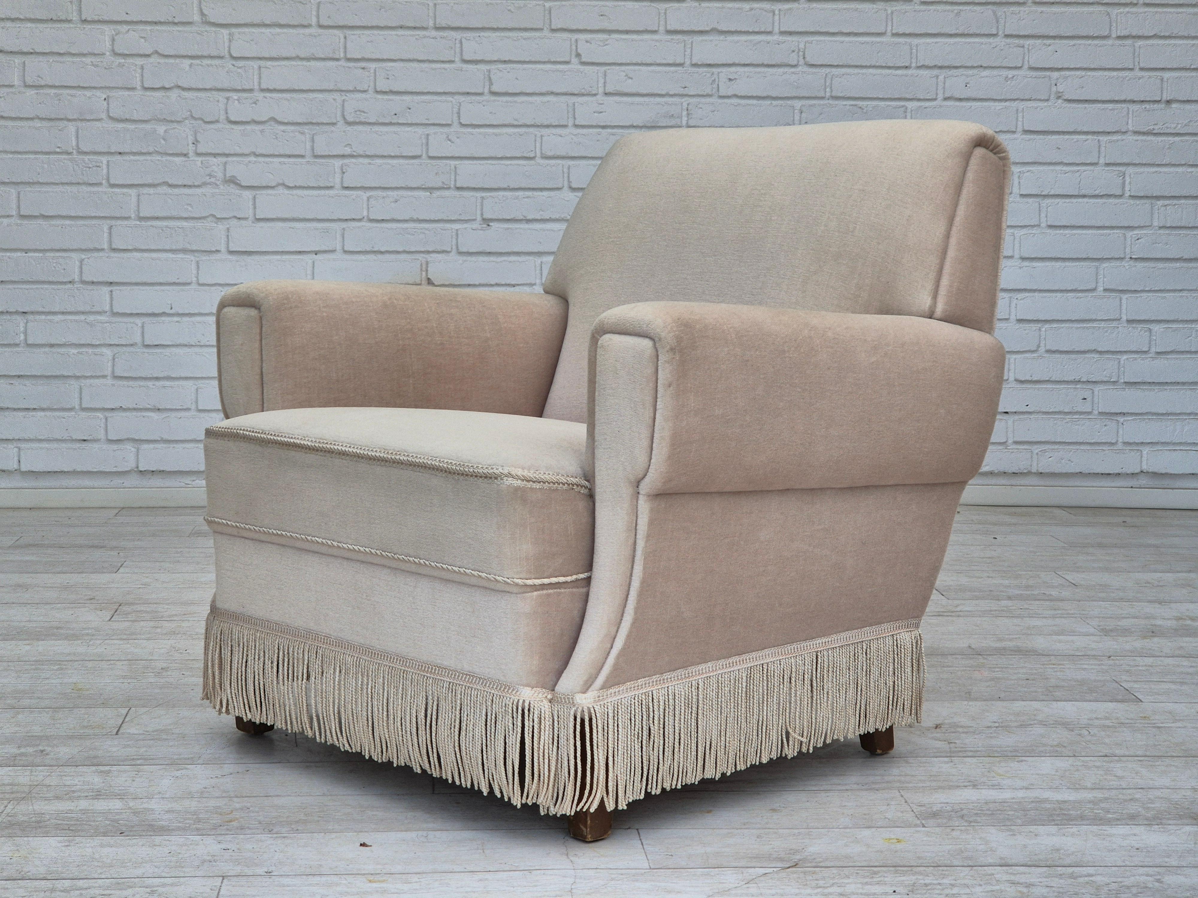 1970s, Danish vintage chair, furniture velour, ash wood, original condition. For Sale 2