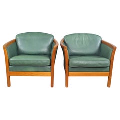 1970s Danish Vintage Green Leather Chairs Set of 2