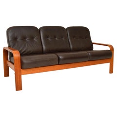 1970's Danish Vintage Teak & Leather Three Seat Sofa