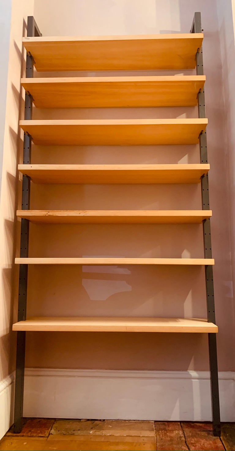 1970s Danish Wall Mounted Floating Wooden Shelf & Metal Shelving Unit Book Shelf In Fair Condition For Sale In London, GB