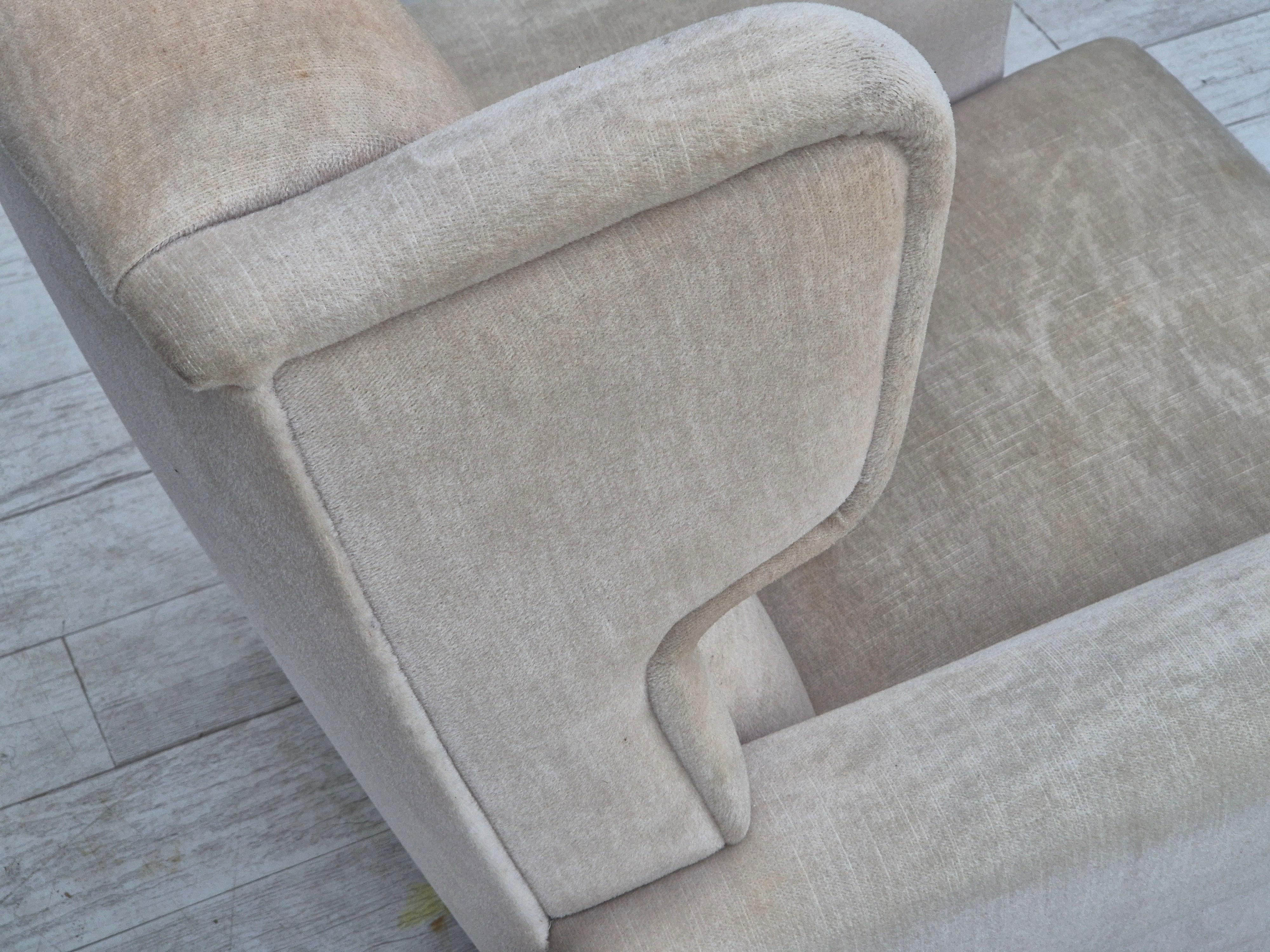 1970s, Danish wingback armchair, original condition, furniture velour, ash wood. For Sale 8
